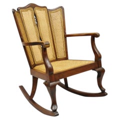 Antique Victorian Walnut and Cane Carved Rocker Rocking Chair w/ Queen Anne Legs