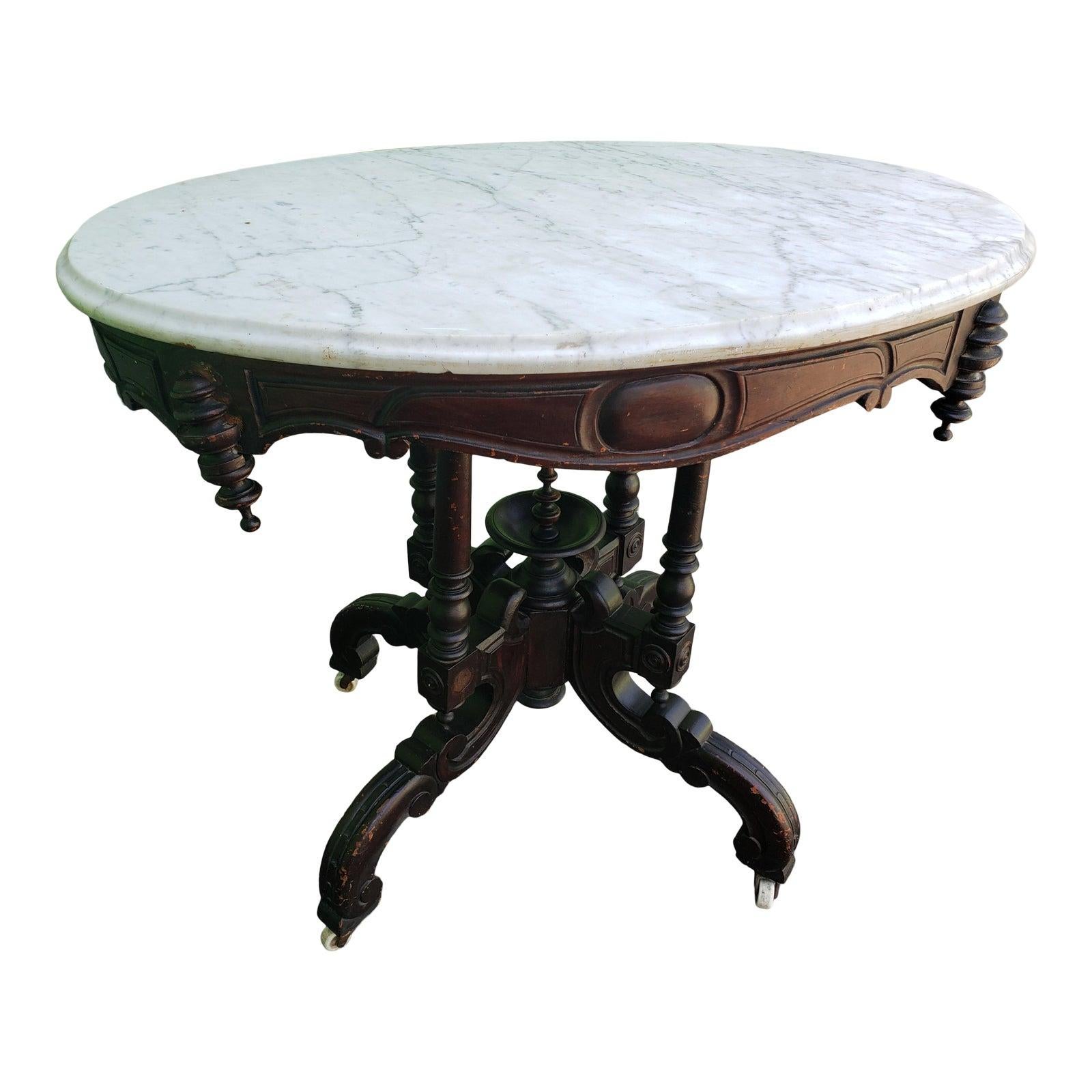 Antique Victorian Walnut and Marble Accent Table, 1800s 