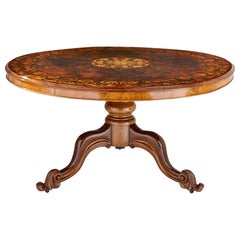 Ancienne table circulaire victorienne en noyer et marqueterie