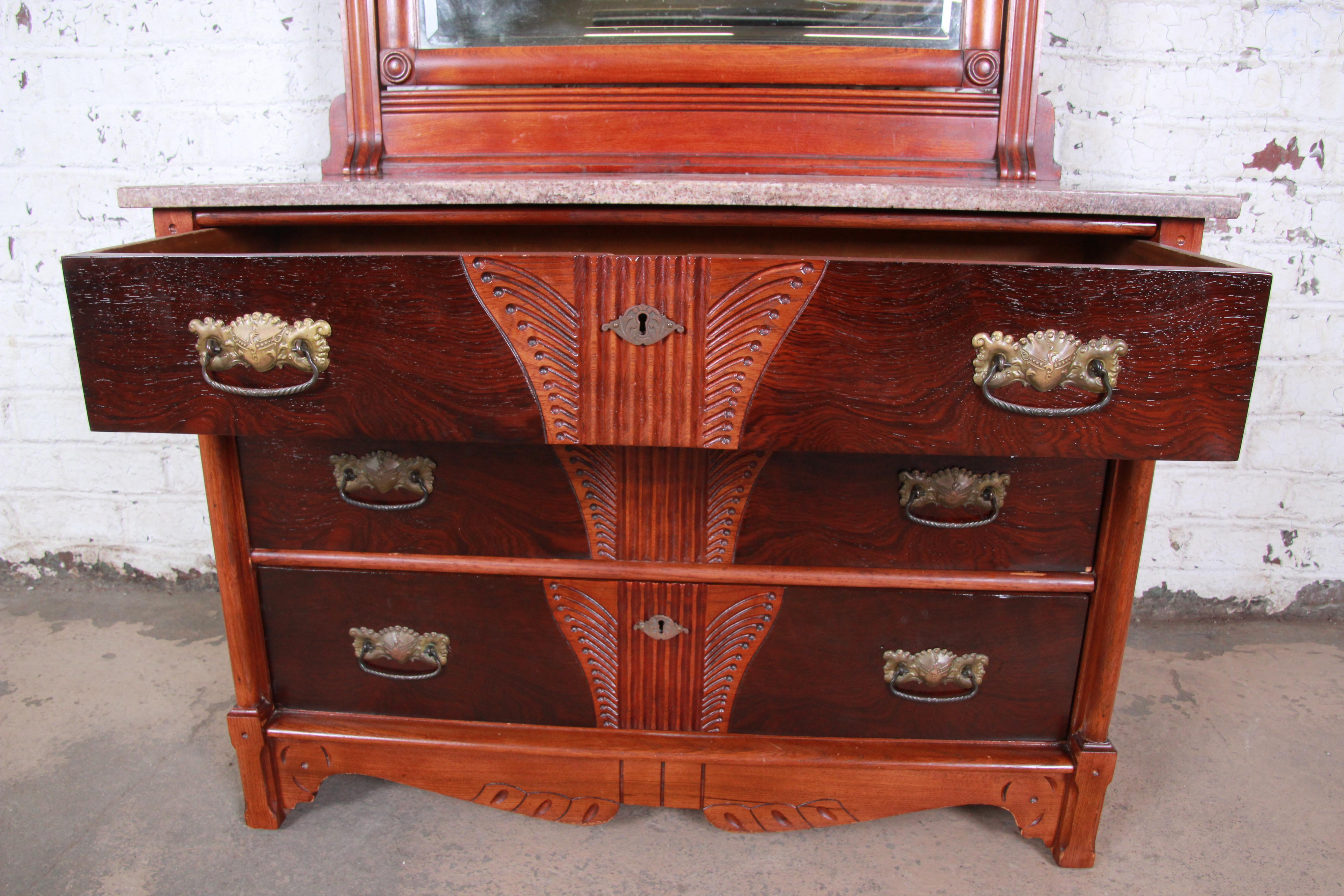 Antique Victorian Walnut and Rosewood Marble Top Chest of Drawers With Mirror In Good Condition In South Bend, IN