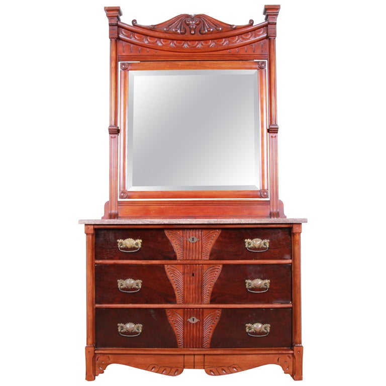 Antique Victorian Walnut And Rosewood, Chest With Mirror On Top