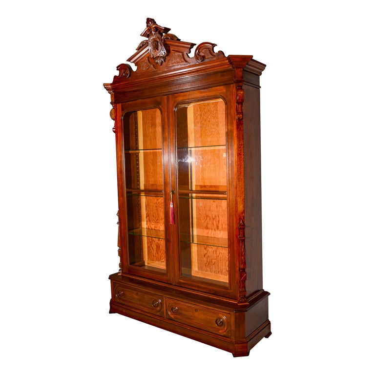 Antique Victorian Walnut Bookcase, Antique Bookcase Display Cabinet