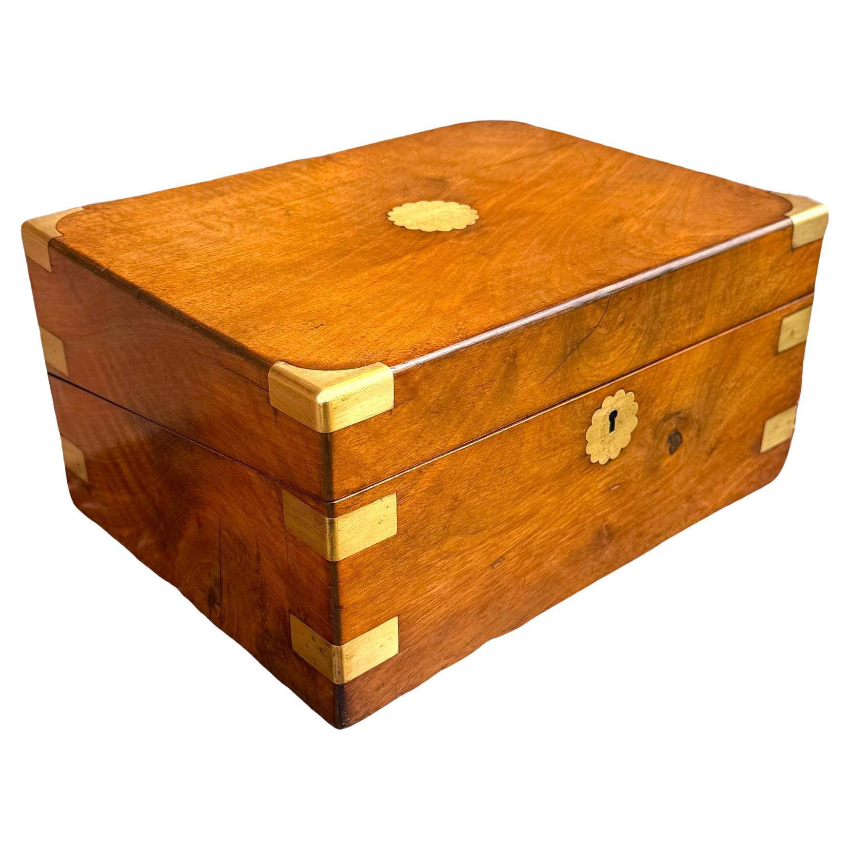 Antique Victorian Walnut & Brass Campaign Writing Slope Box - Leather Interior