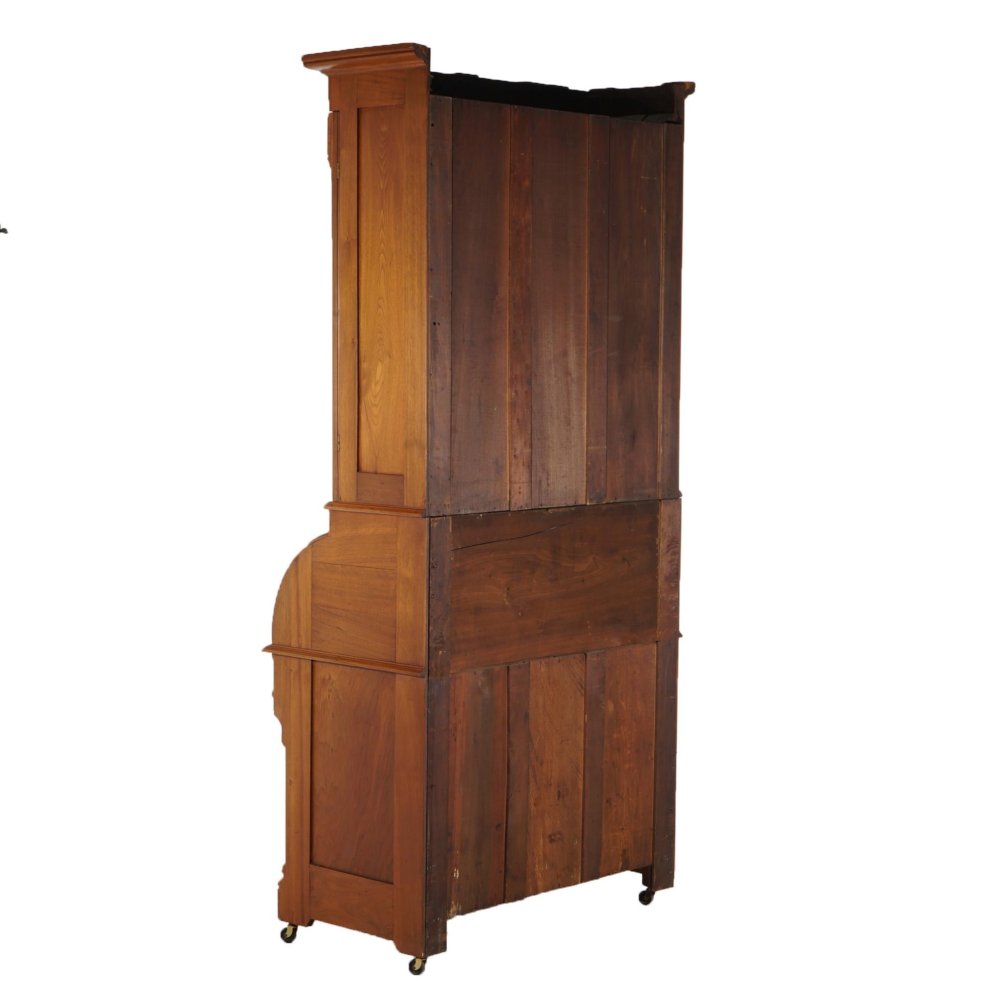 Antique Victorian Walnut & Burl Barrel Roll Top Secretary Bookcase & Desk C1890 For Sale 6