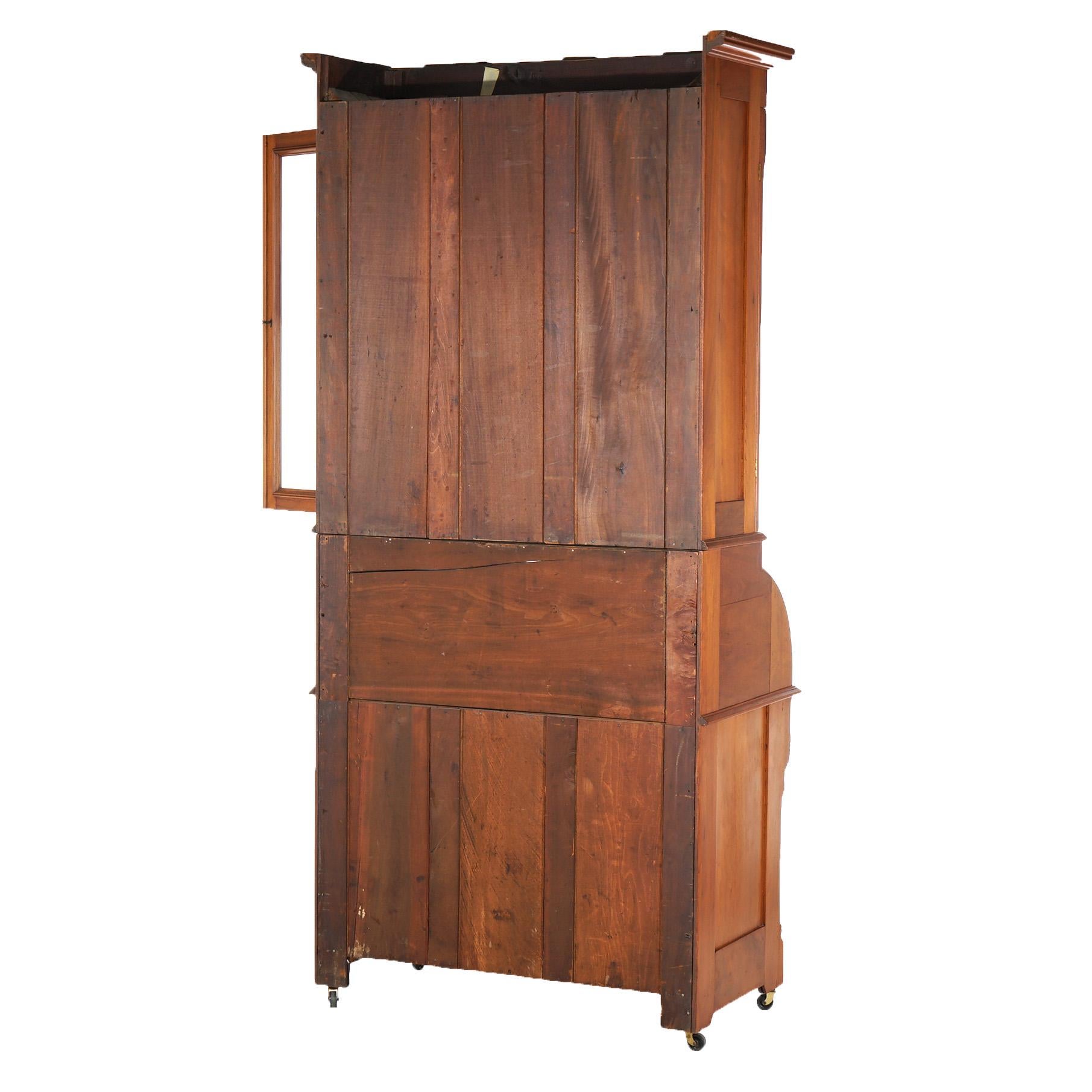 Antique Victorian Walnut & Burl Barrel Roll Top Secretary Bookcase & Desk C1890 For Sale 7