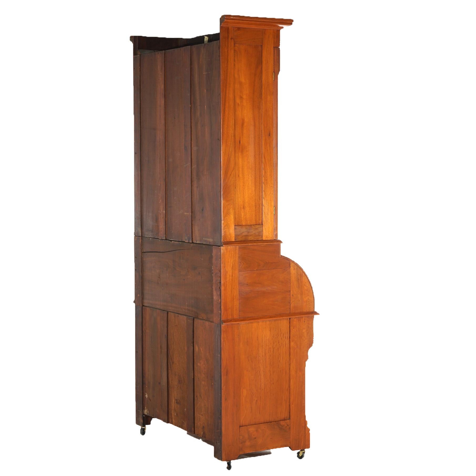 Antique Victorian Walnut & Burl Barrel Roll Top Secretary Bookcase & Desk C1890 For Sale 9