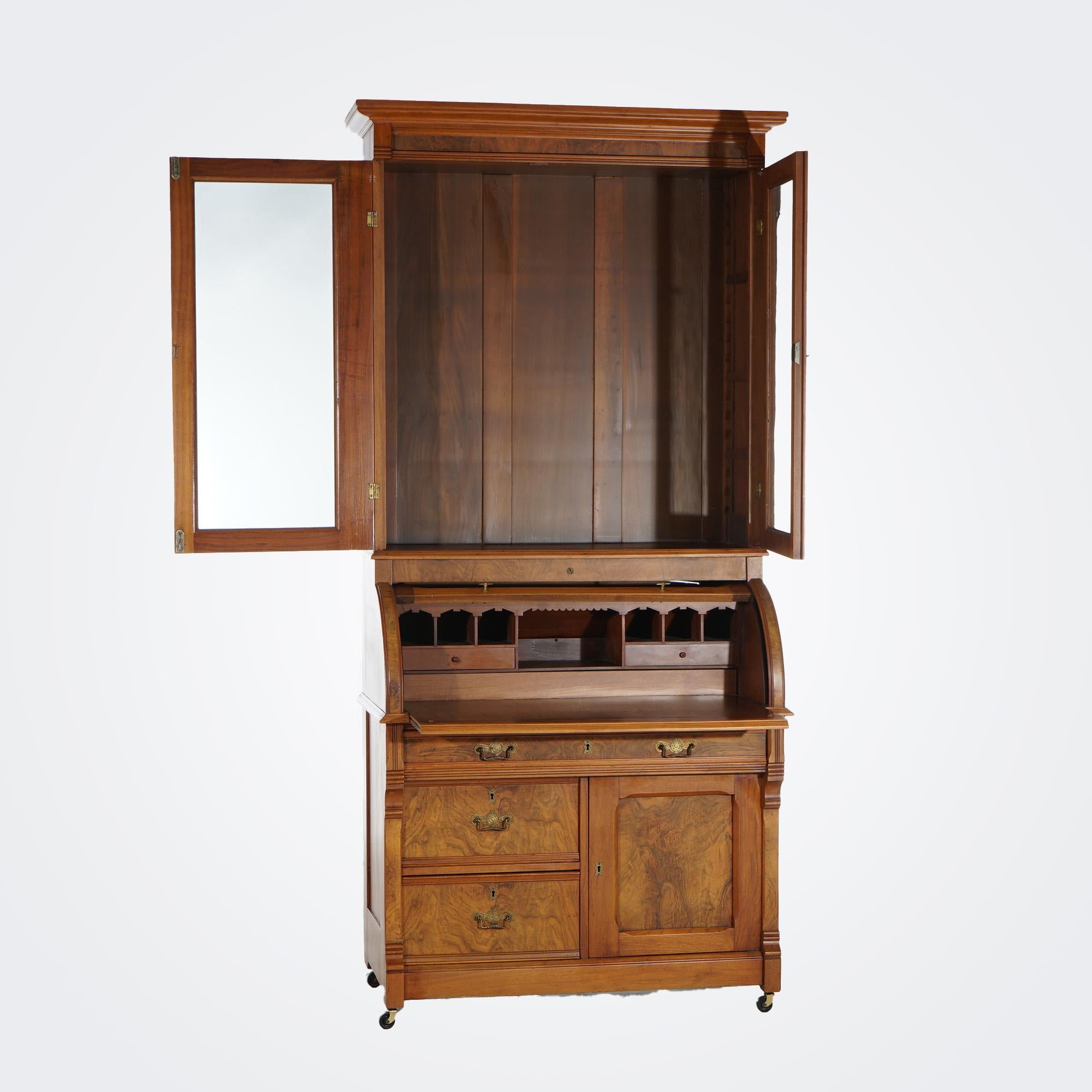 Antique Victorian Walnut & Burl Barrel Roll Top Secretary Bookcase & Desk C1890 For Sale 10