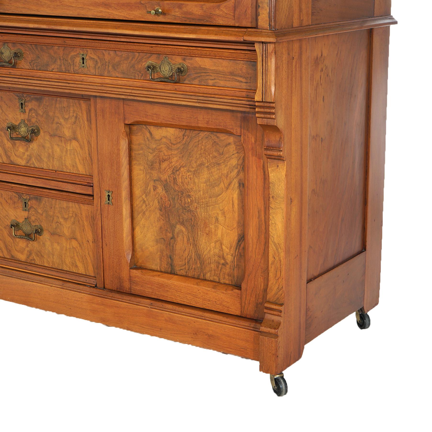 ***Ask About Reduced In-House Delivery Rates - Reliable Professional Service & Fully Insured***
Antique Victorian Walnut & Burl Barrel Roll Top Secretary, Double Glass Door Bookcase & Desk with Drawer Tower & Cabinet , C1890

Measures - 89