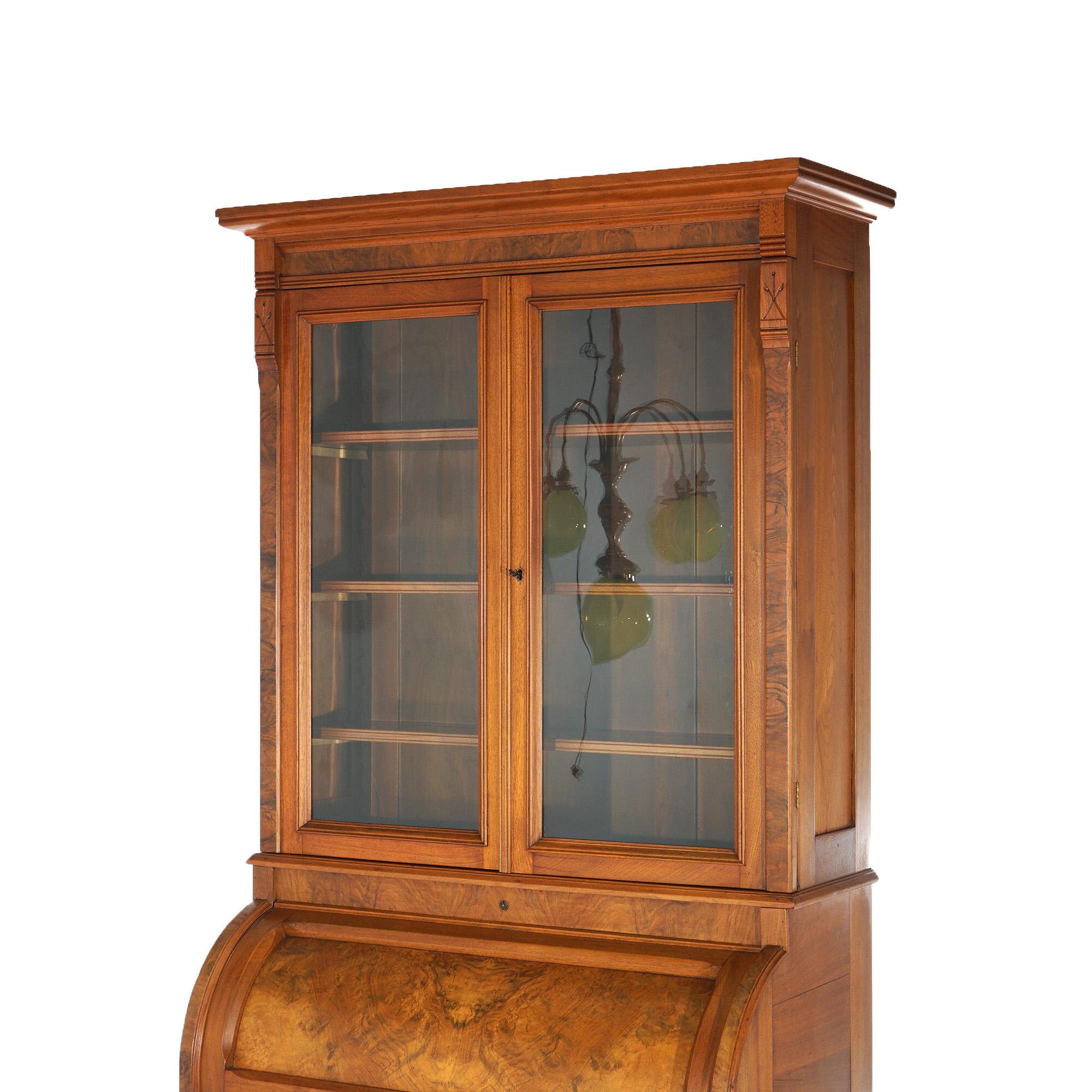 19th Century Antique Victorian Walnut & Burl Barrel Roll Top Secretary Bookcase & Desk C1890 For Sale