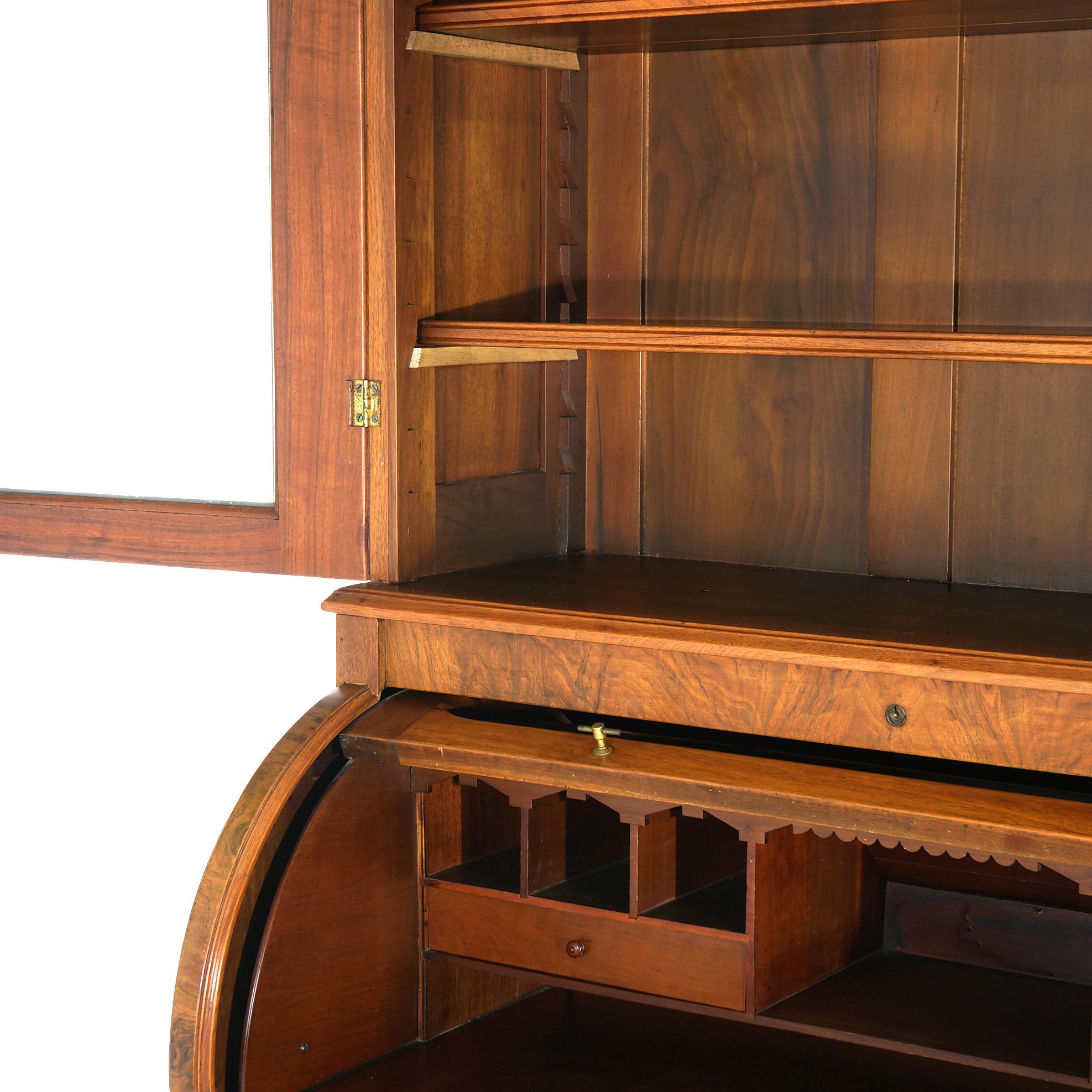 Antique Victorian Walnut & Burl Barrel Roll Top Secretary Bookcase & Desk C1890 For Sale 2