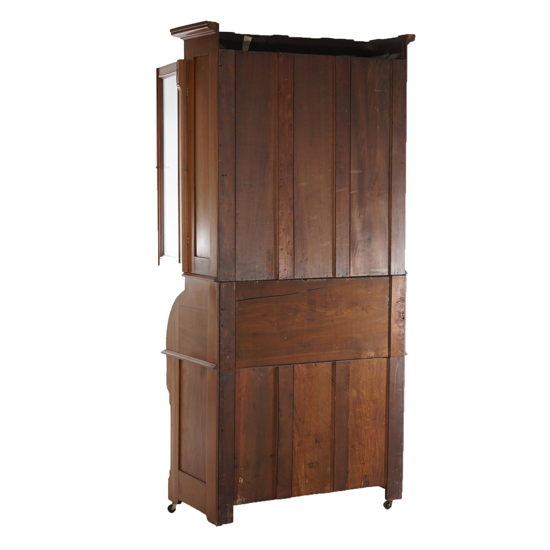 Antique Victorian Walnut & Burl Barrel Roll Top Secretary Bookcase & Desk C1890 For Sale 2