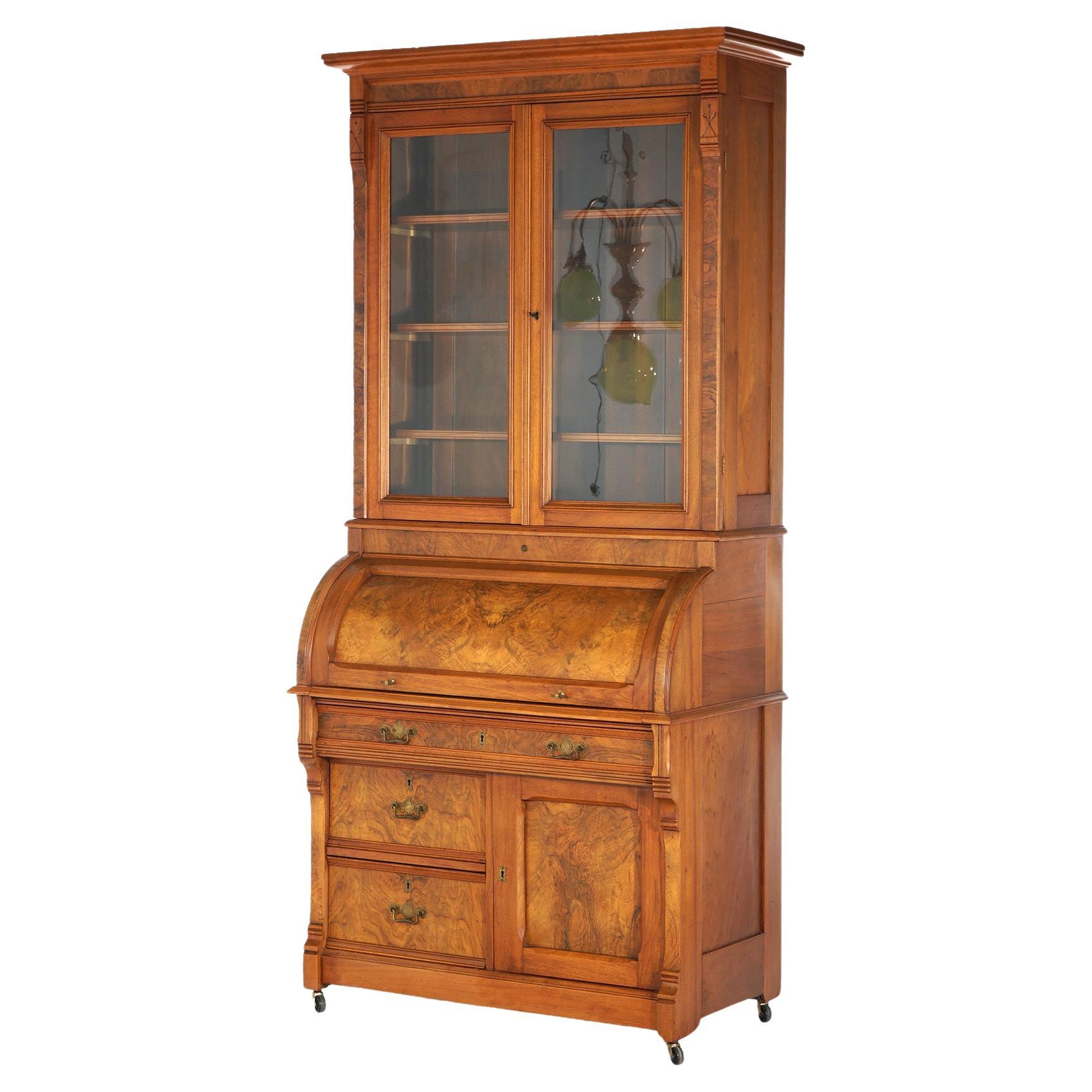 Antique Victorian Walnut & Burl Barrel Roll Top Secretary Bookcase & Desk C1890 For Sale