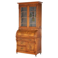 Retro Victorian Walnut & Burl Barrel Roll Top Secretary Bookcase & Desk C1890