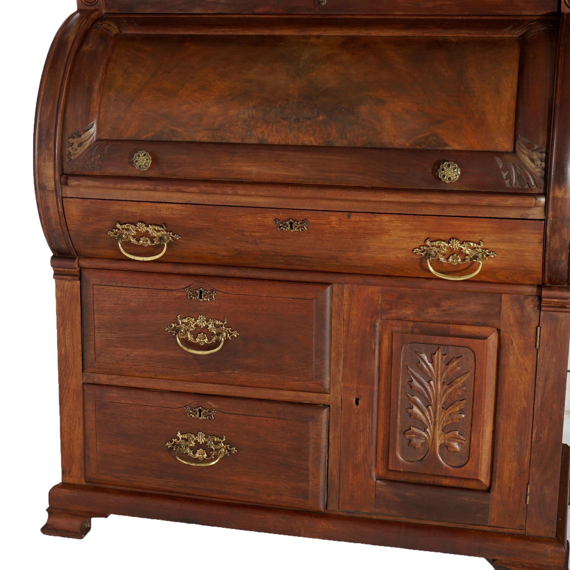 Antique Victorian Walnut & Burl Cylinder Secretary Desk & Bookcase, circa 1880 For Sale 10