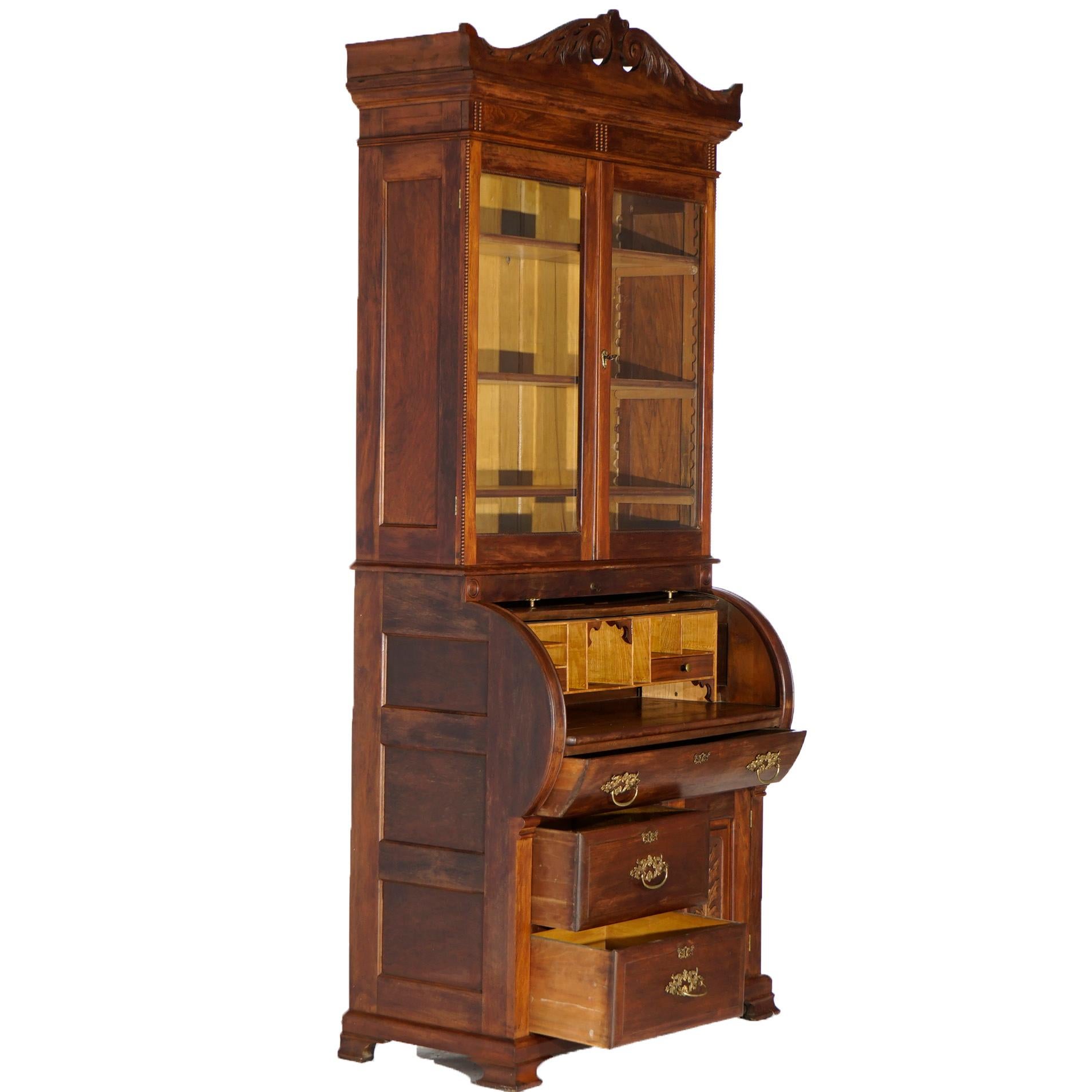 American Antique Victorian Walnut & Burl Cylinder Secretary Desk & Bookcase, circa 1880 For Sale