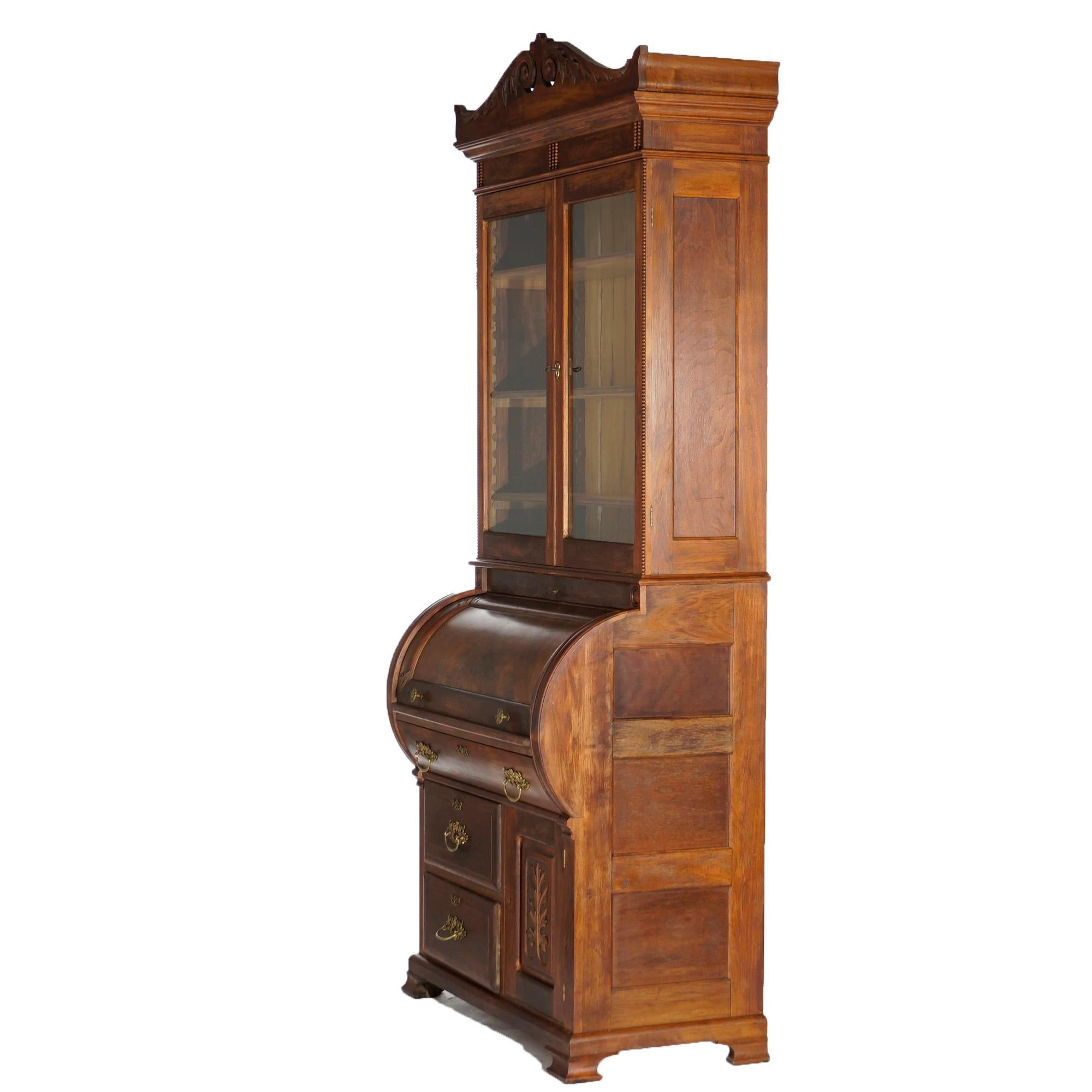 Antique Victorian Walnut & Burl Cylinder Secretary Desk & Bookcase, circa 1880 In Good Condition For Sale In Big Flats, NY