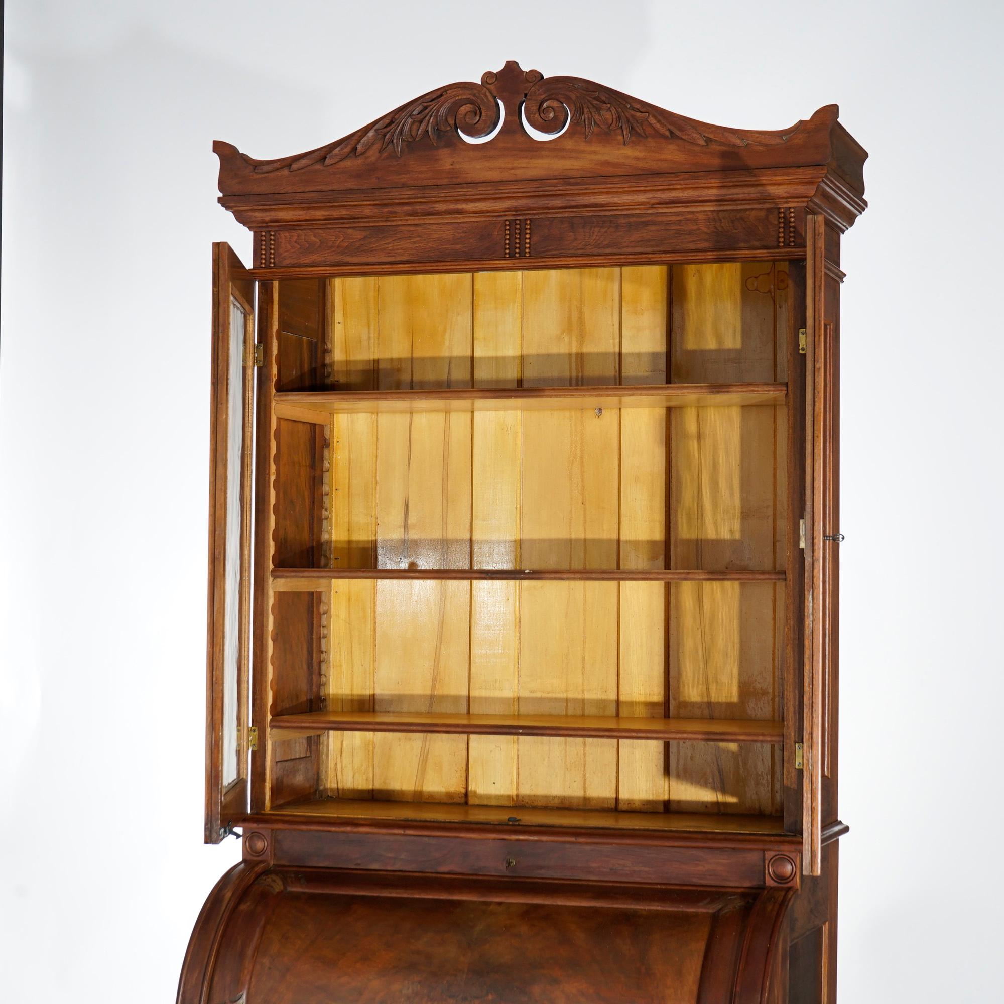 Antique Victorian Walnut & Burl Cylinder Secretary Desk & Bookcase, circa 1880 For Sale 1