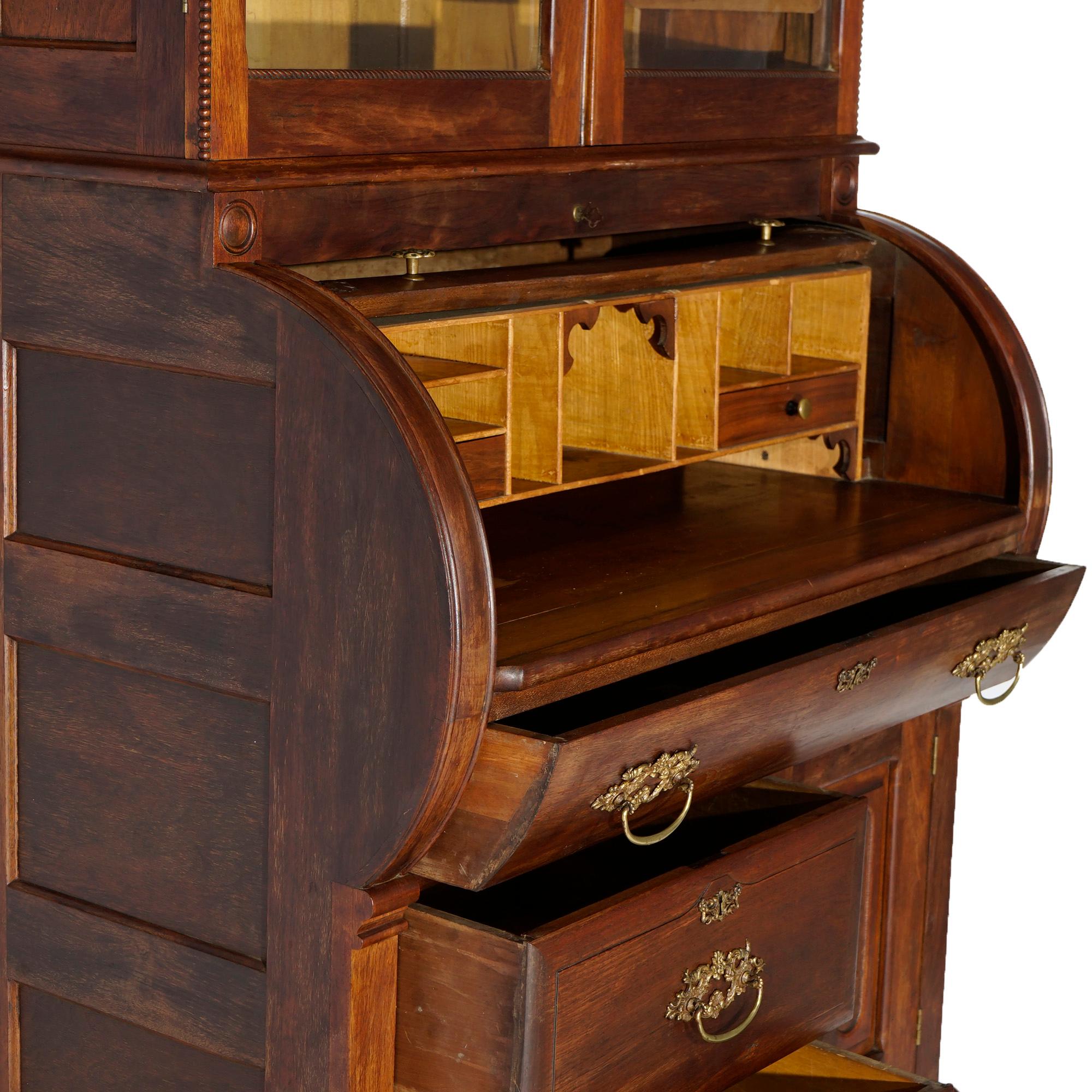 Antique Victorian Walnut & Burl Cylinder Secretary Desk & Bookcase, circa 1880 For Sale 2