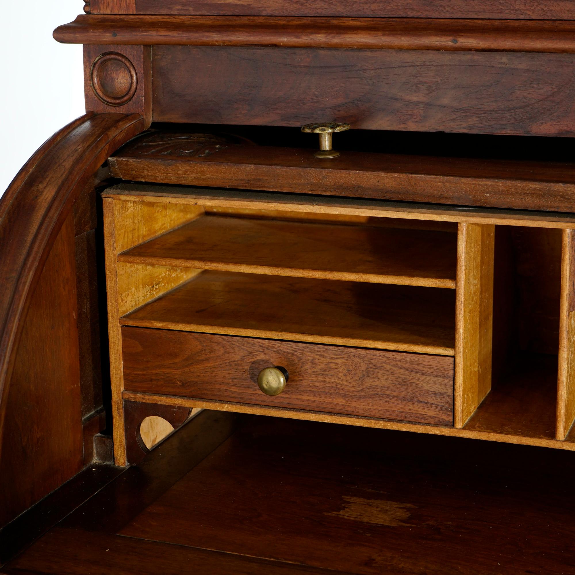 Antique Victorian Walnut & Burl Cylinder Secretary Desk & Bookcase, circa 1880 For Sale 3