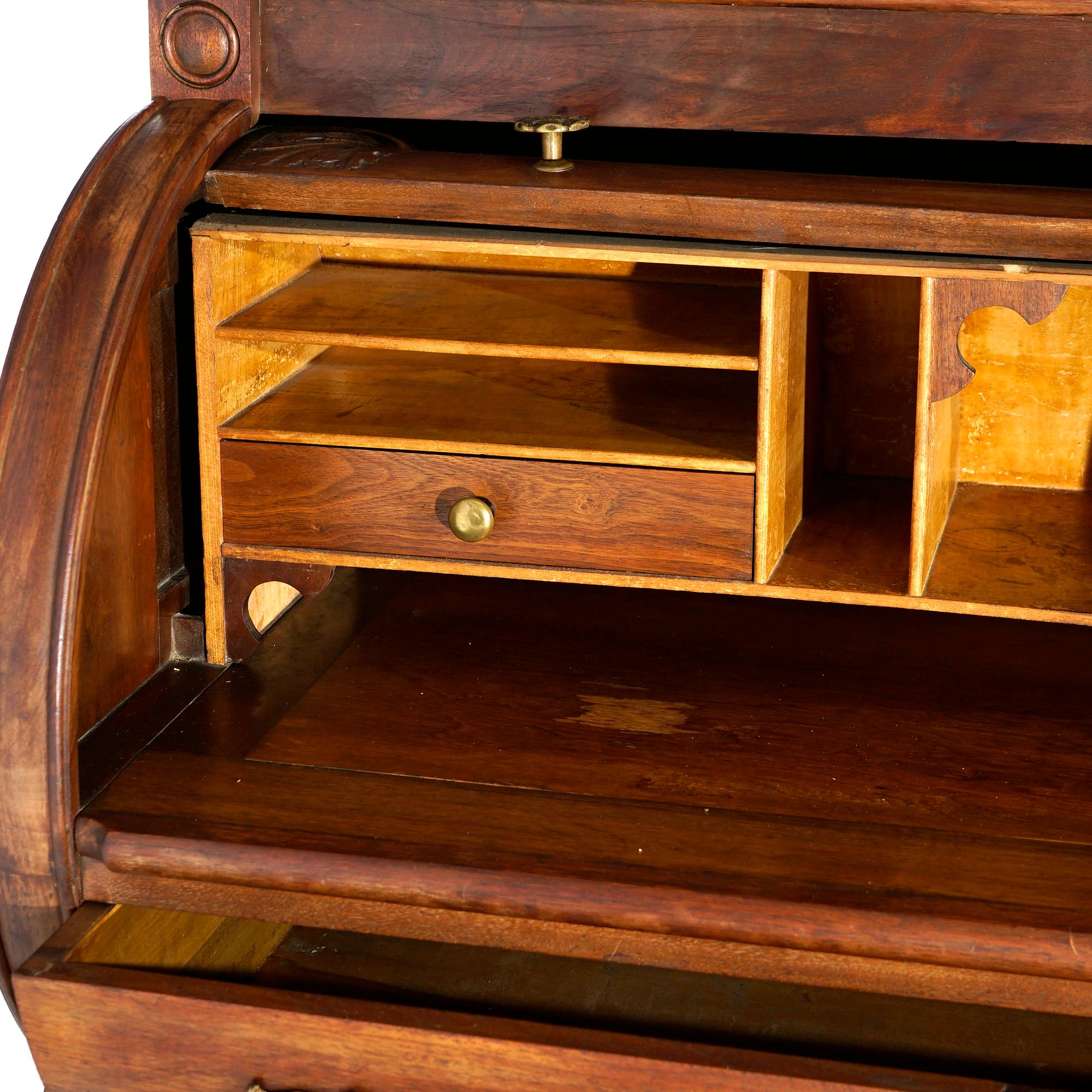 Antique Victorian Walnut & Burl Cylinder Secretary Desk & Bookcase, circa 1880 For Sale 4