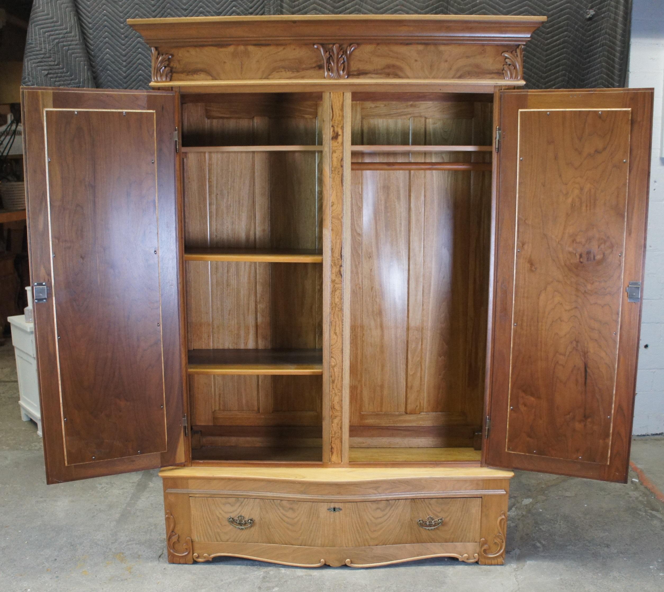 Antique Victorian Walnut Burl Knockdown Armoire Wardrobe Chifforobe Linen Press In Good Condition In Dayton, OH