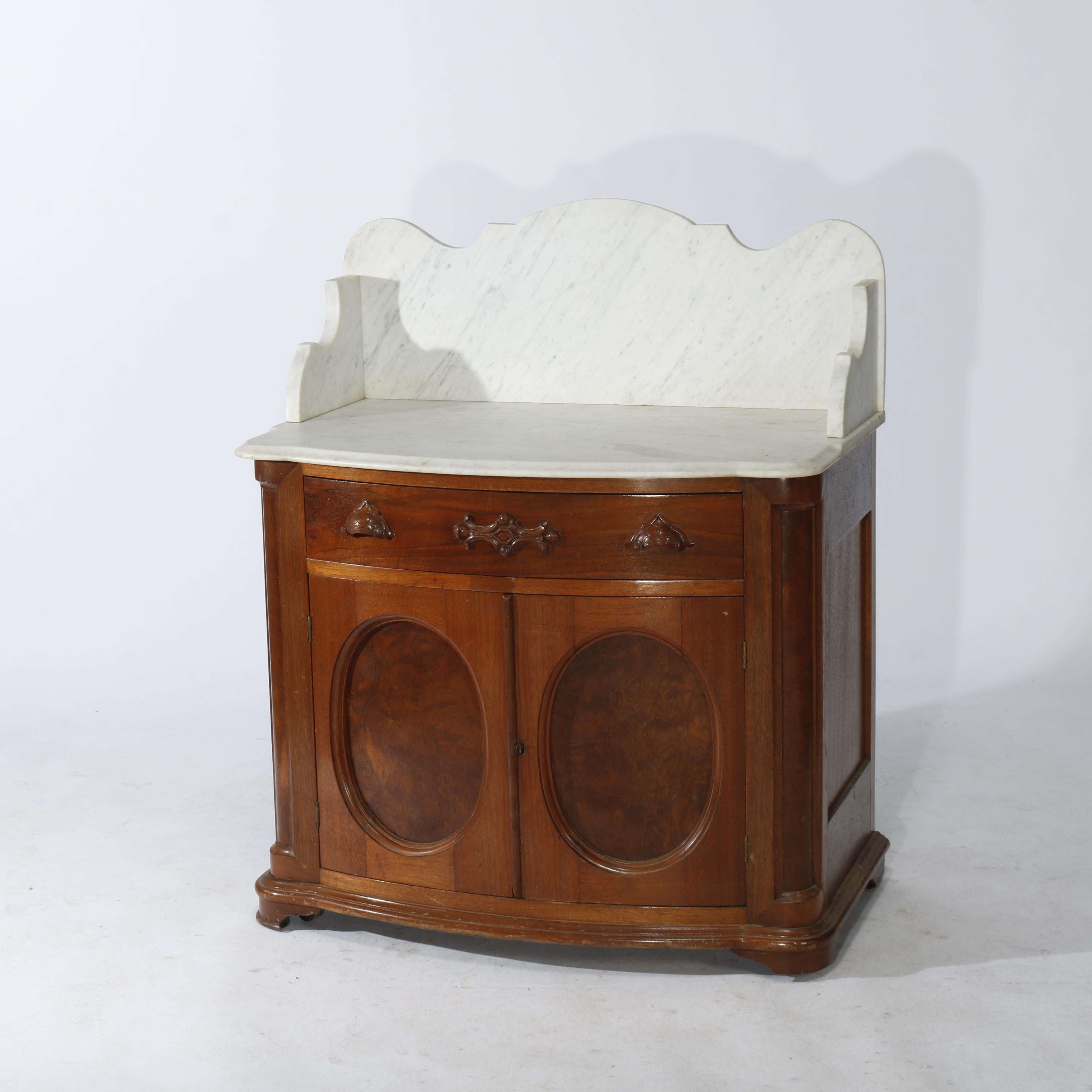 Antique Victorian Walnut & Burl Marble Top & Bow-Front Commode Circa 1890 In Good Condition In Big Flats, NY