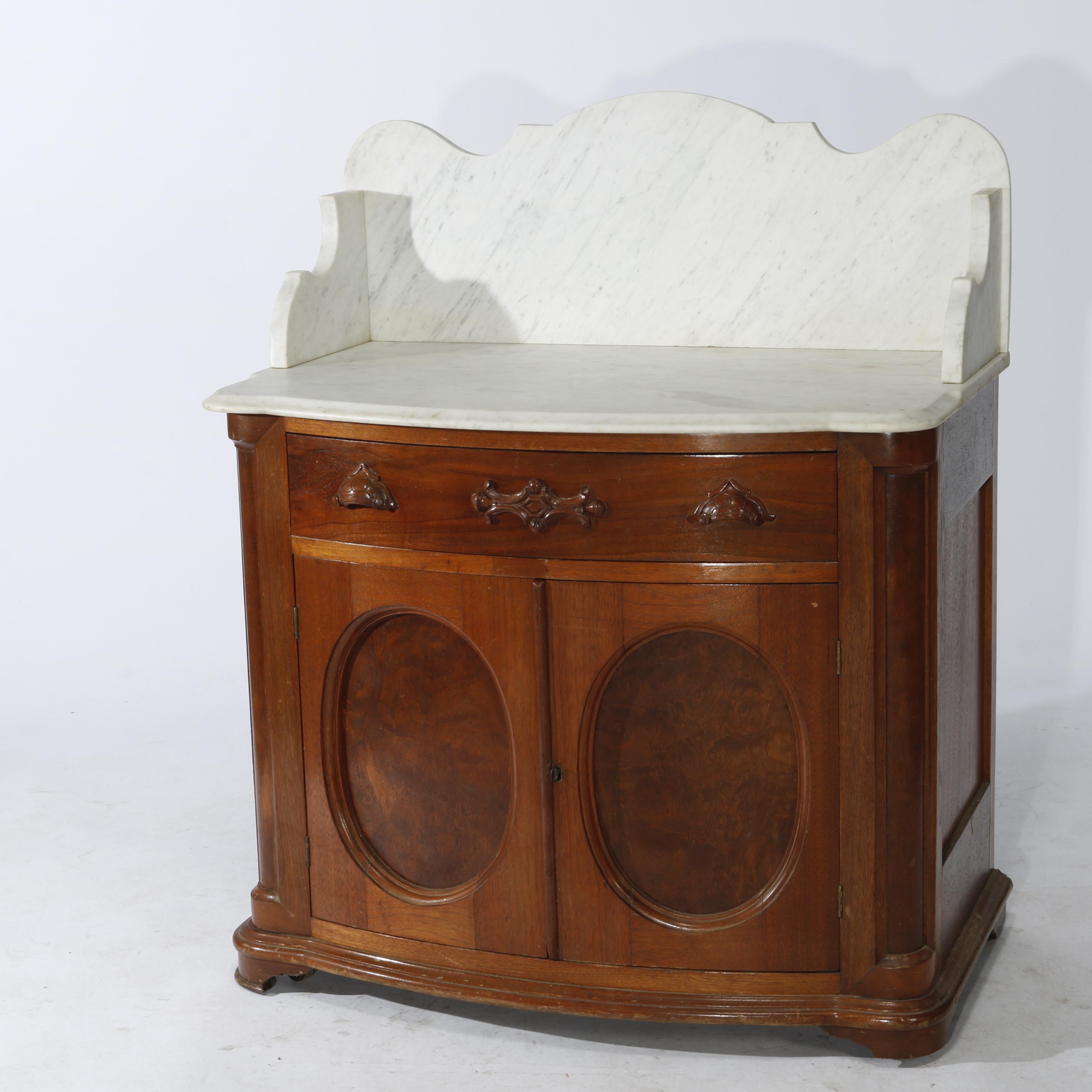 19th Century Antique Victorian Walnut & Burl Marble Top & Bow-Front Commode Circa 1890