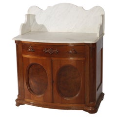 Commode victorienne ancienne à plateau et arceau en noyer et ronce de marbre Circa 1890