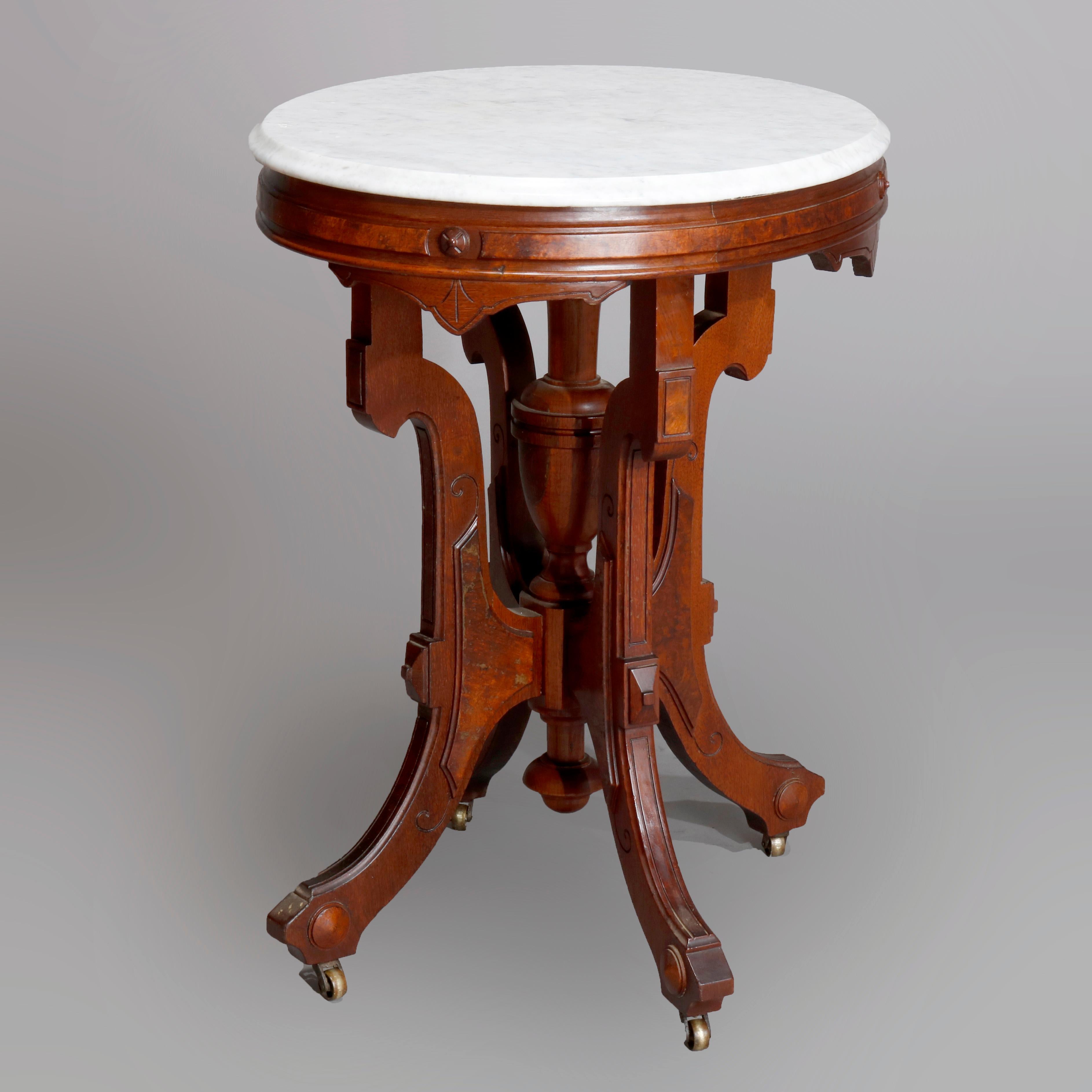 Antique Victorian Walnut & Burl Marble Top Parlor Table, C1890 1