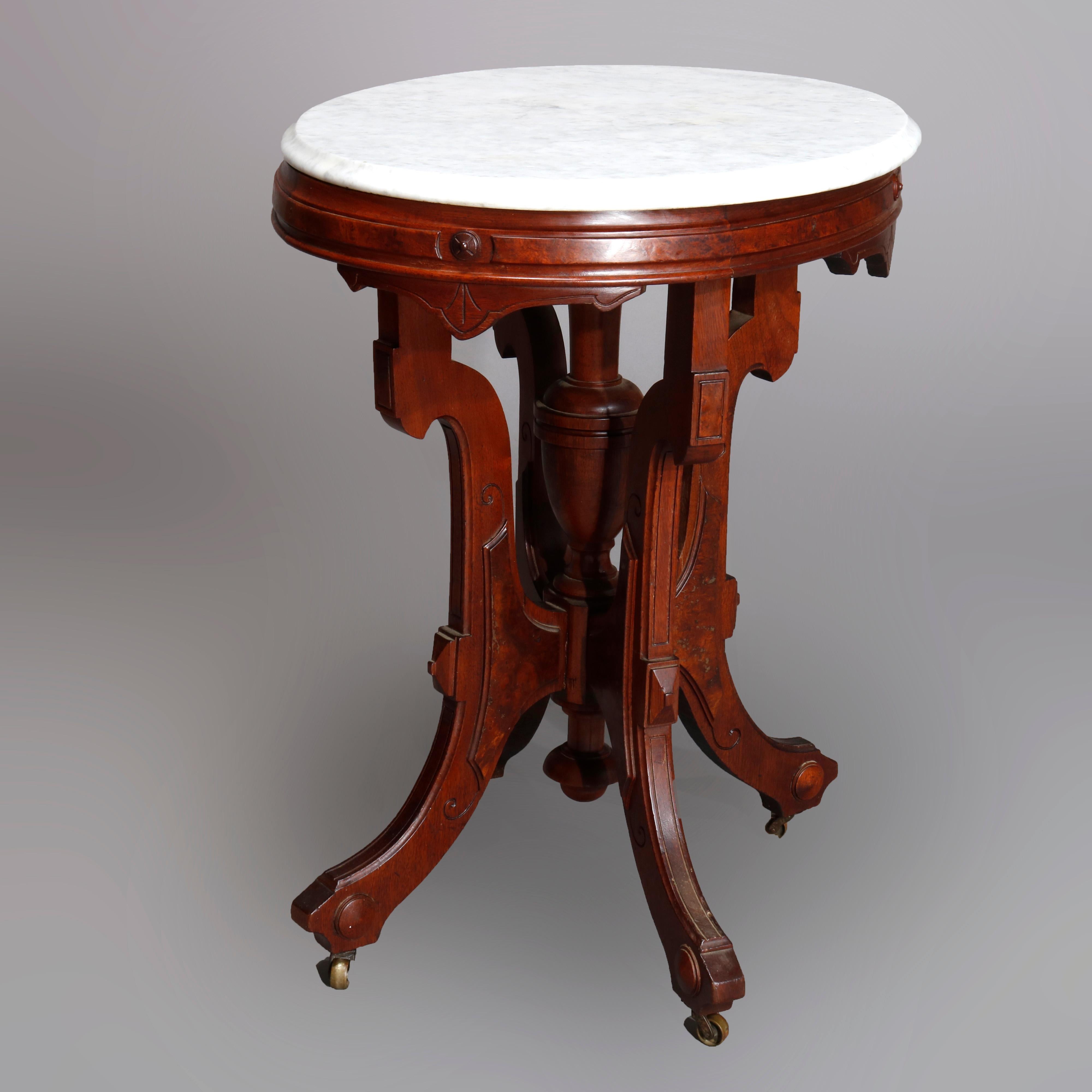 American Antique Victorian Walnut & Burl Marble Top Parlor Table, C1890