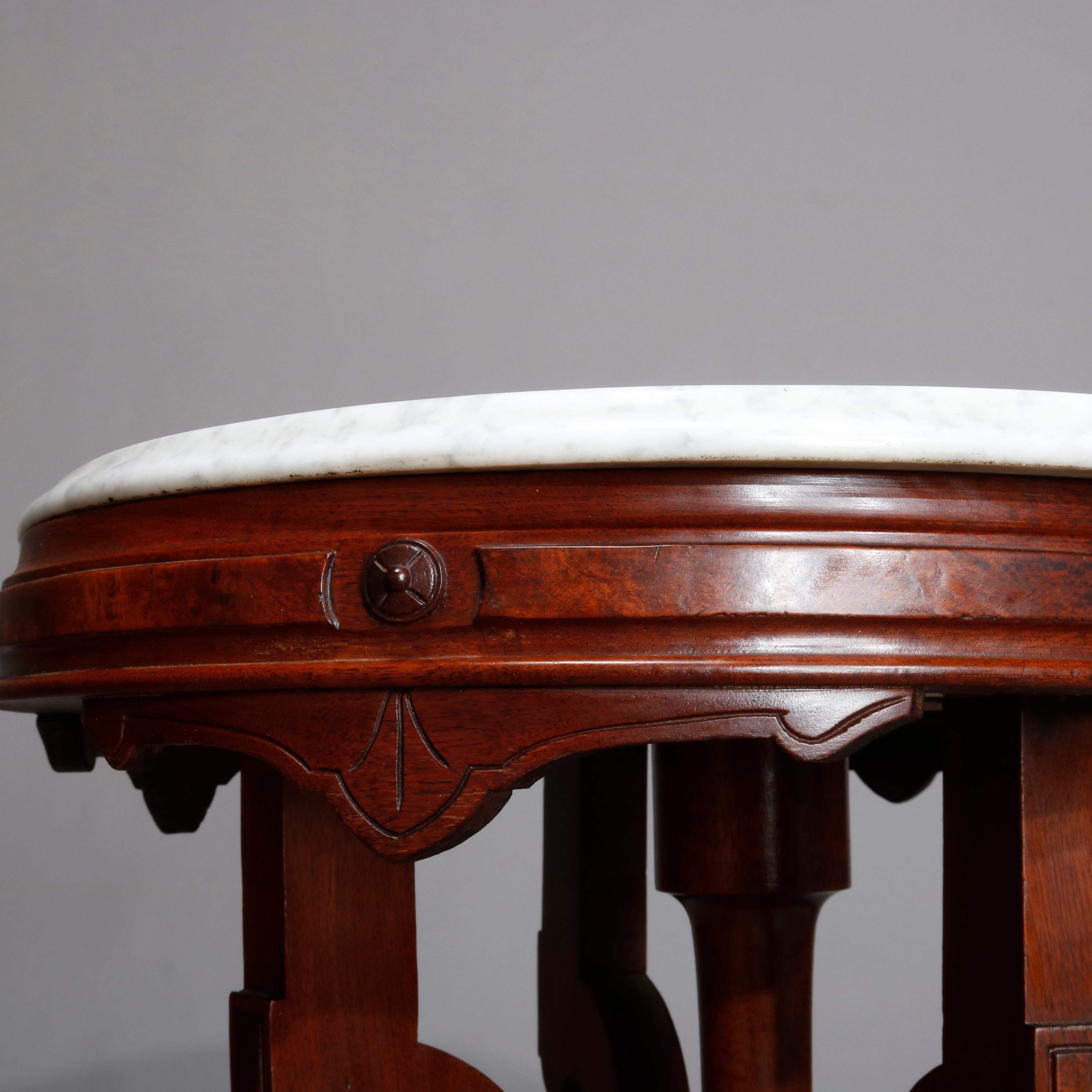 Carved Antique Victorian Walnut & Burl Marble Top Parlor Table, C1890