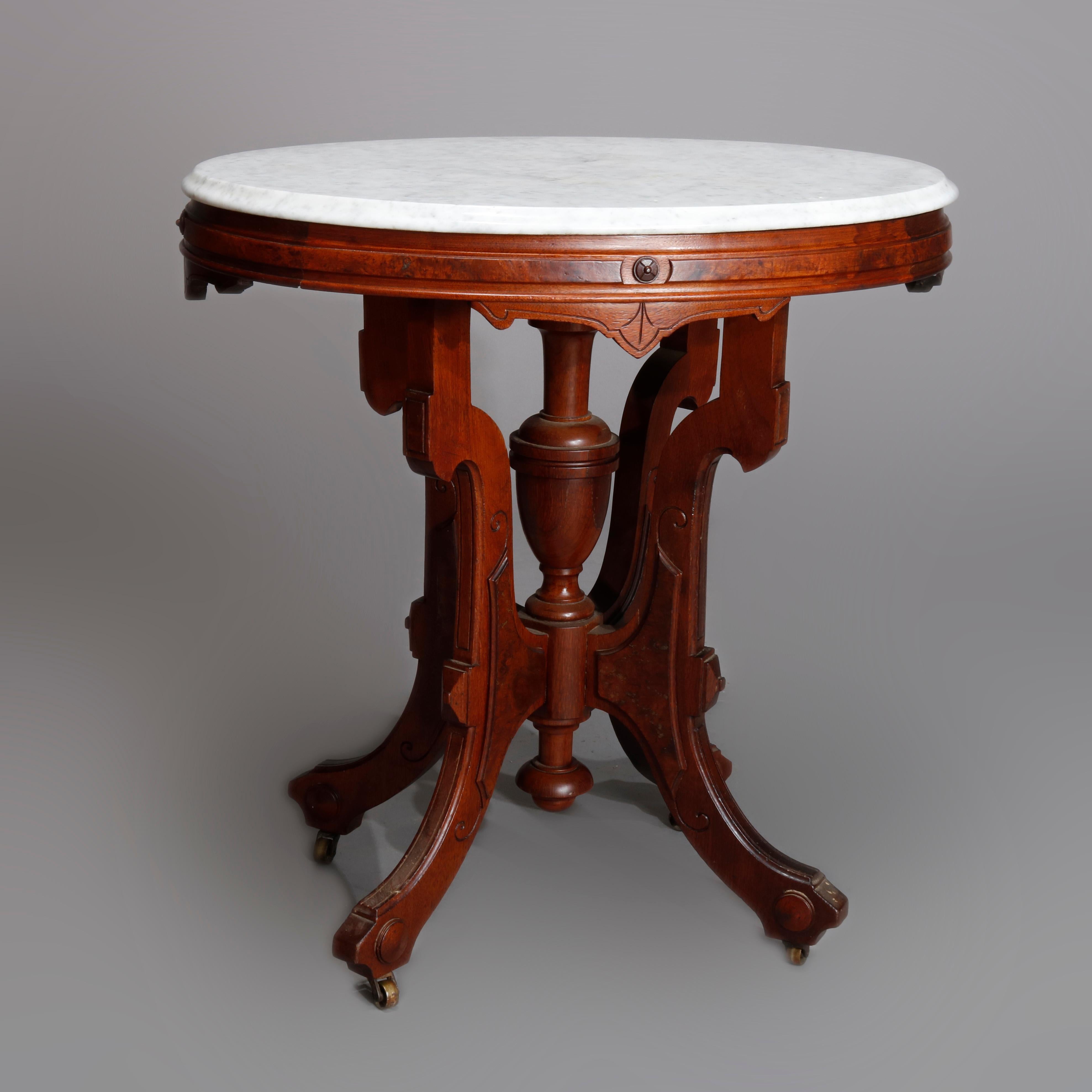 Antique Victorian Walnut & Burl Marble Top Parlor Table, C1890 In Good Condition In Big Flats, NY