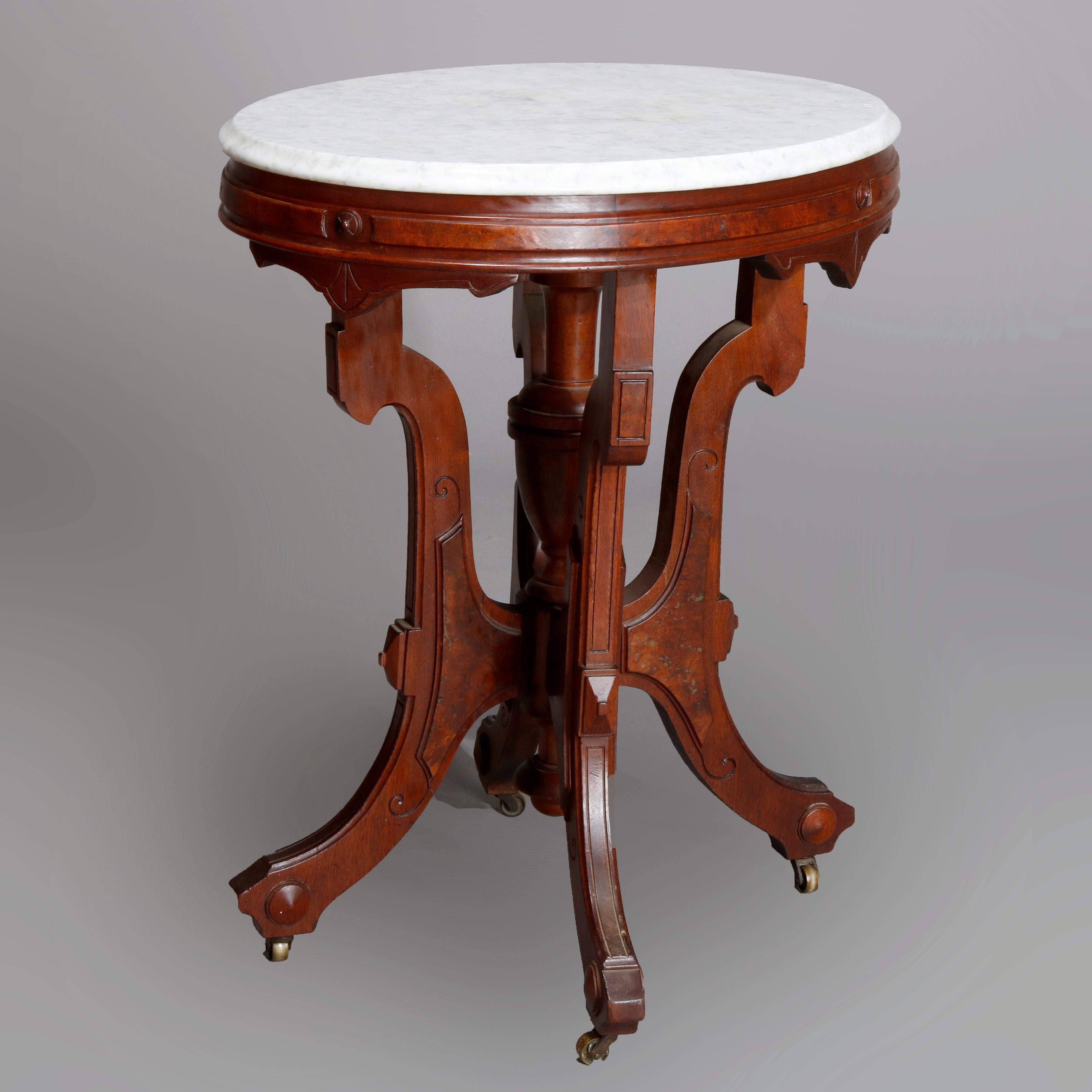 19th Century Antique Victorian Walnut & Burl Marble Top Parlor Table, C1890