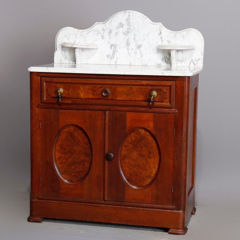 Antique Victorian Walnut and Burl MarbleTop Wash Stand, circa 1880 at