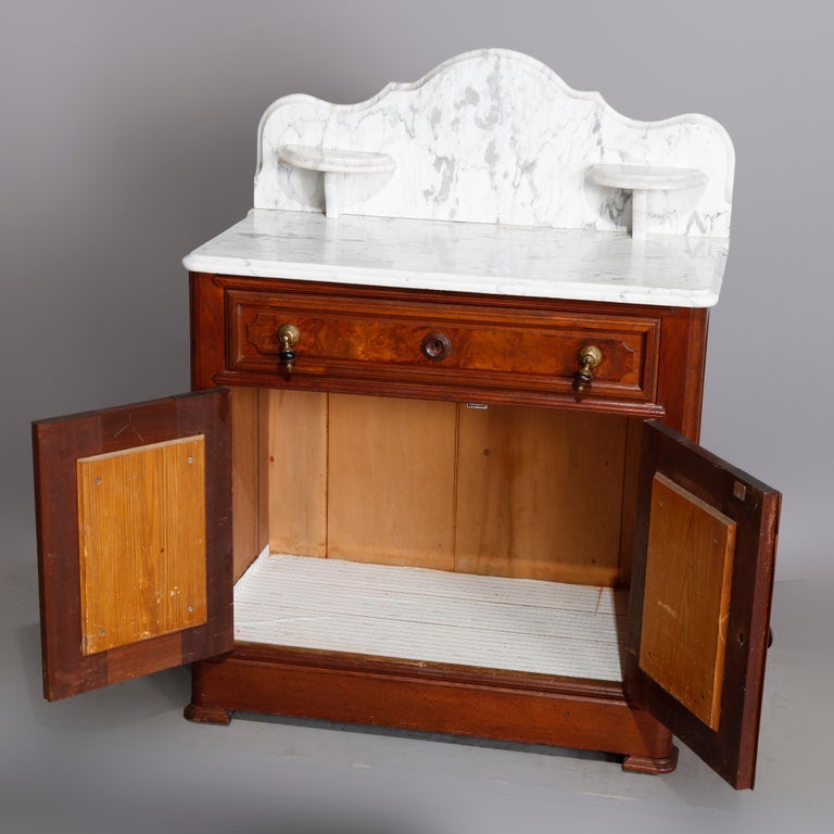 Antique Victorian Walnut and Burl MarbleTop Wash Stand, circa 1880 at