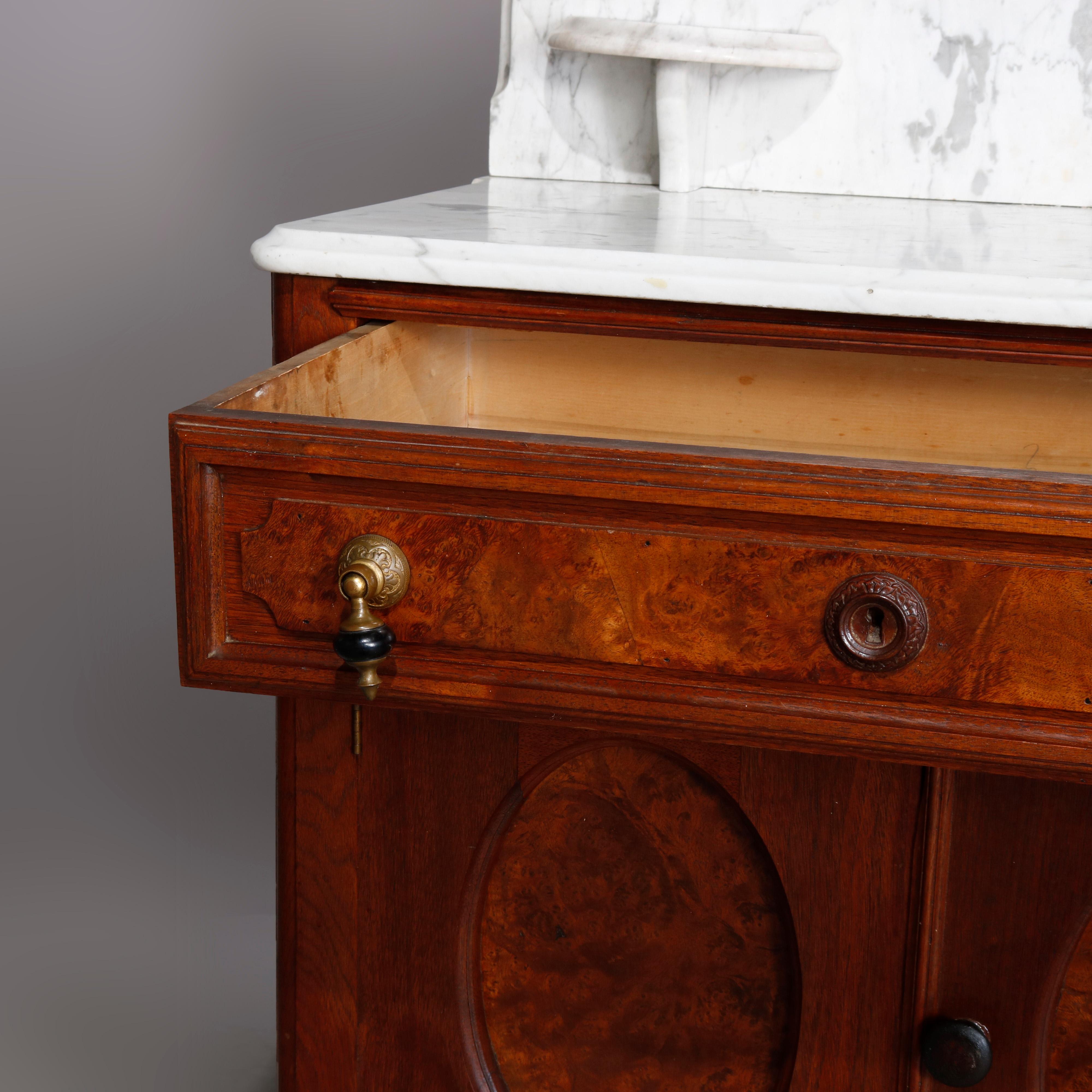 Beveled Antique Victorian Walnut & Burl Marble-Top Wash Stand, circa 1880