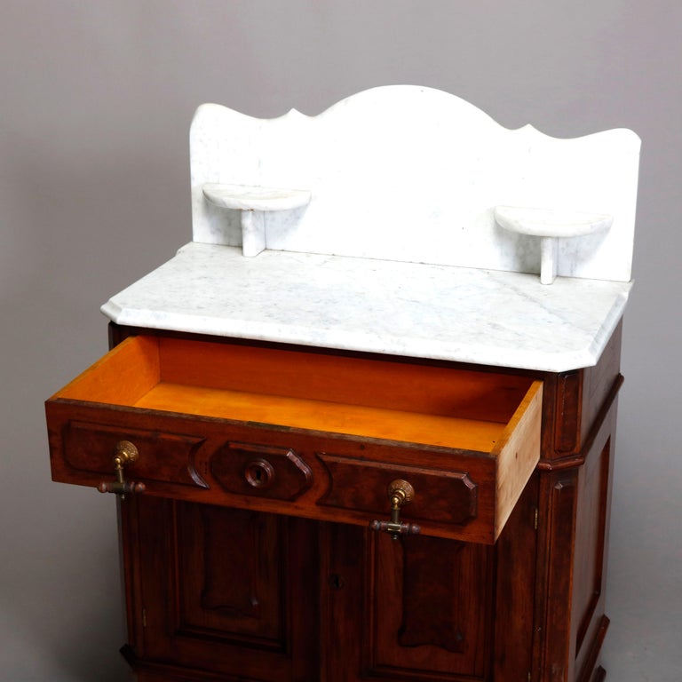 Antique Victorian Walnut and Burl Marble Top Washstand, circa 1890 at