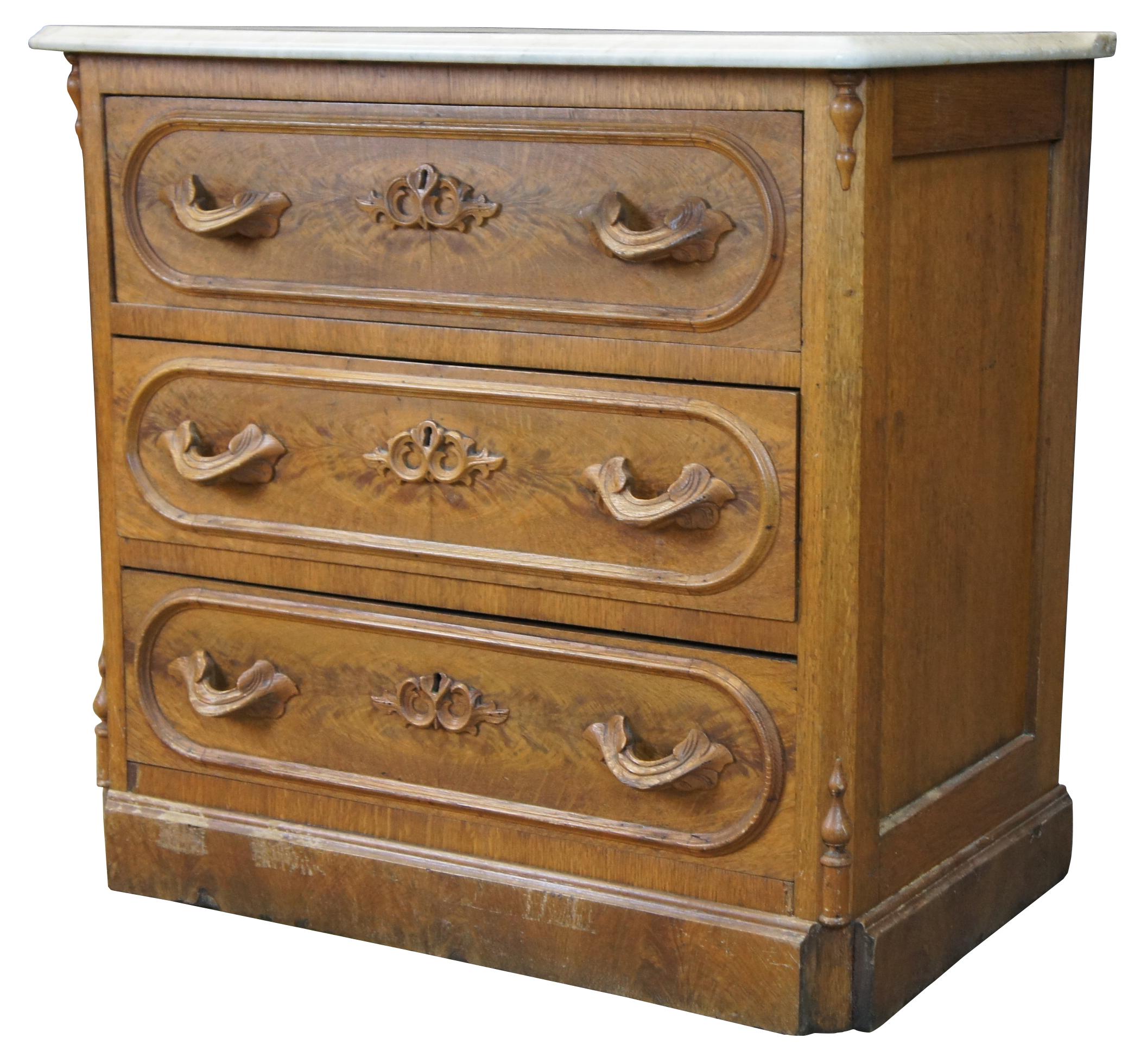 Antique Victorian Walnut Burl Marble Washstand Dresser Chest of Drawers Commode In Good Condition In Dayton, OH