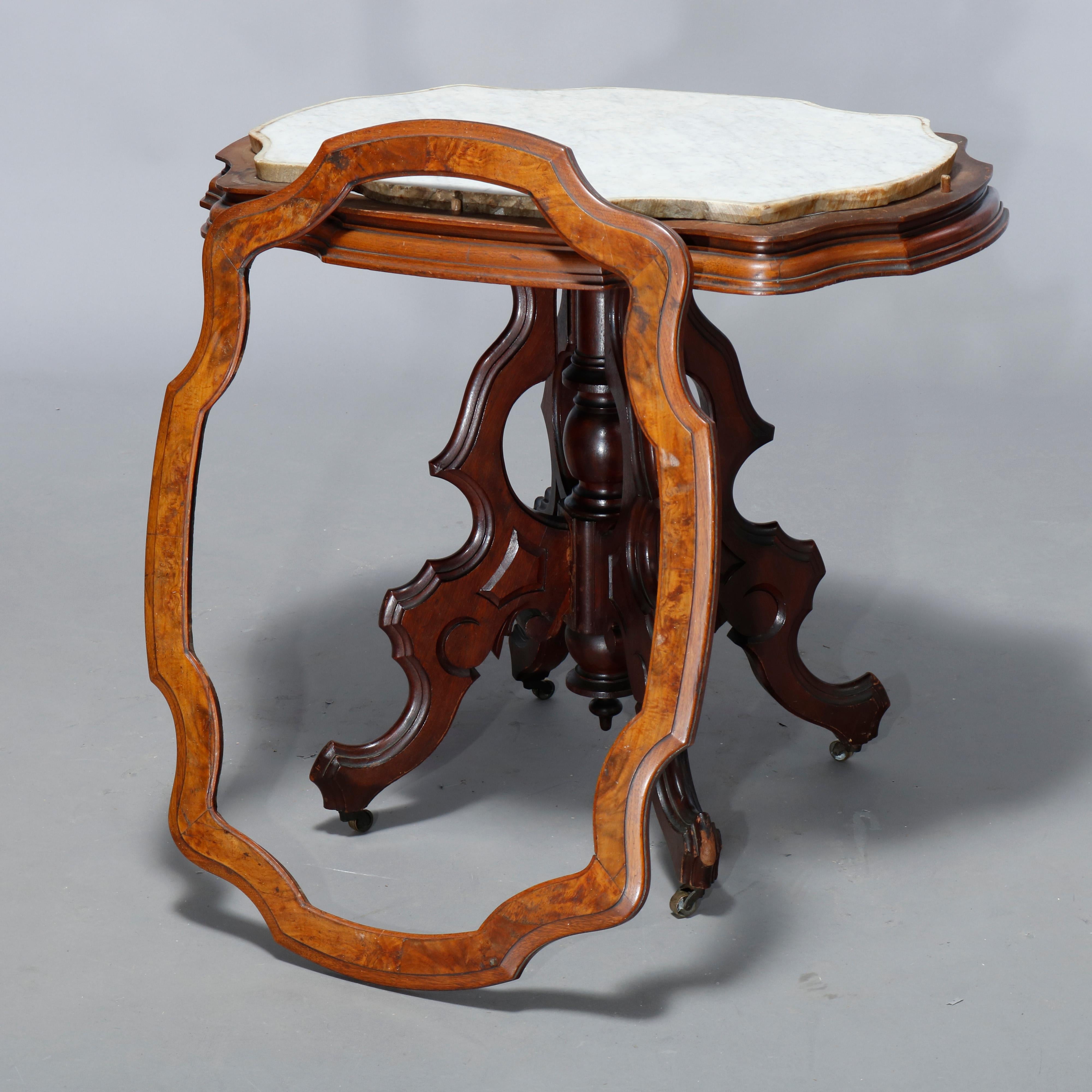 Antique Victorian Walnut & Burl Parlor Table & Picture Frame Marble Top, c 1890 6