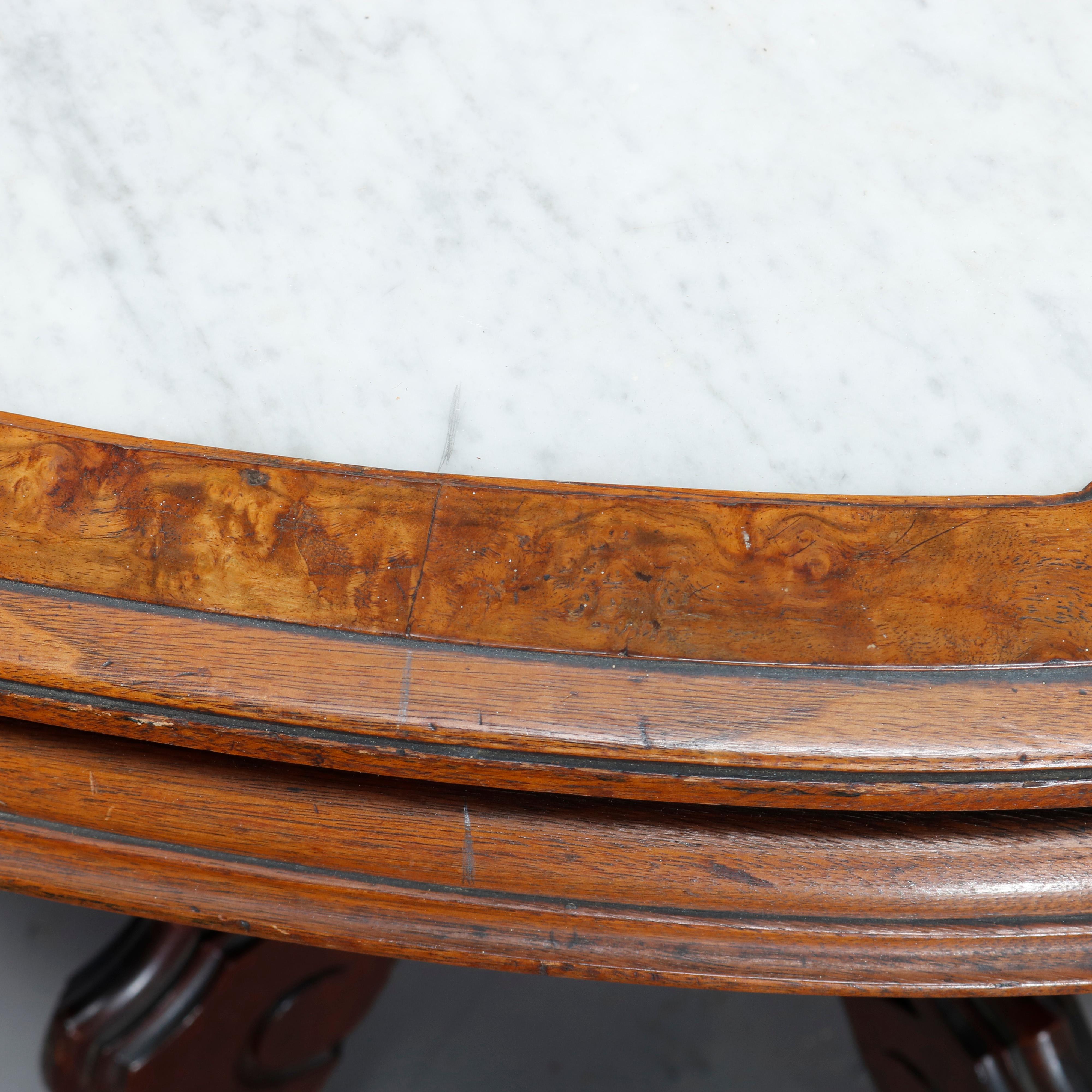 American Antique Victorian Walnut & Burl Parlor Table & Picture Frame Marble Top, c 1890