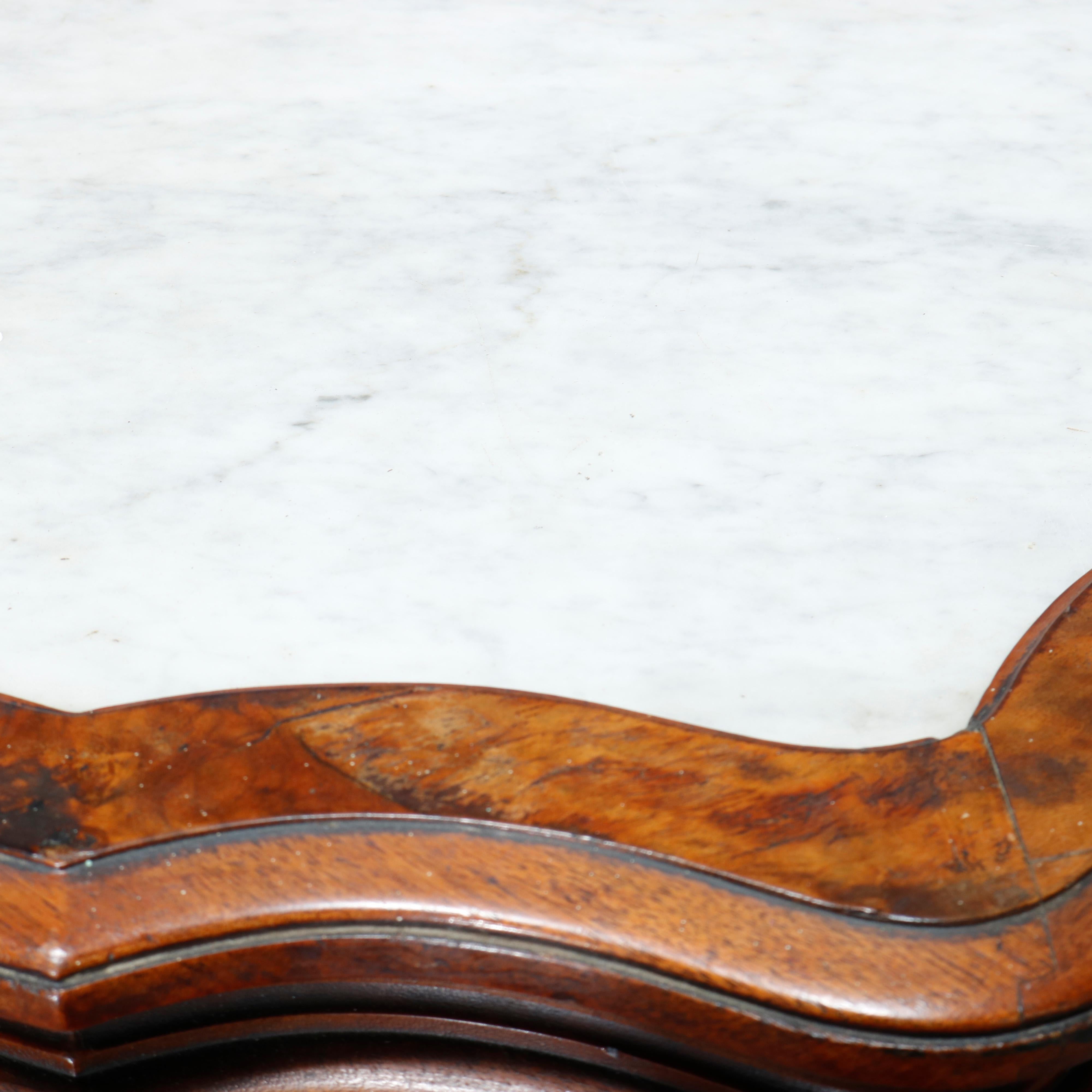 Carved Antique Victorian Walnut & Burl Parlor Table & Picture Frame Marble Top, c 1890
