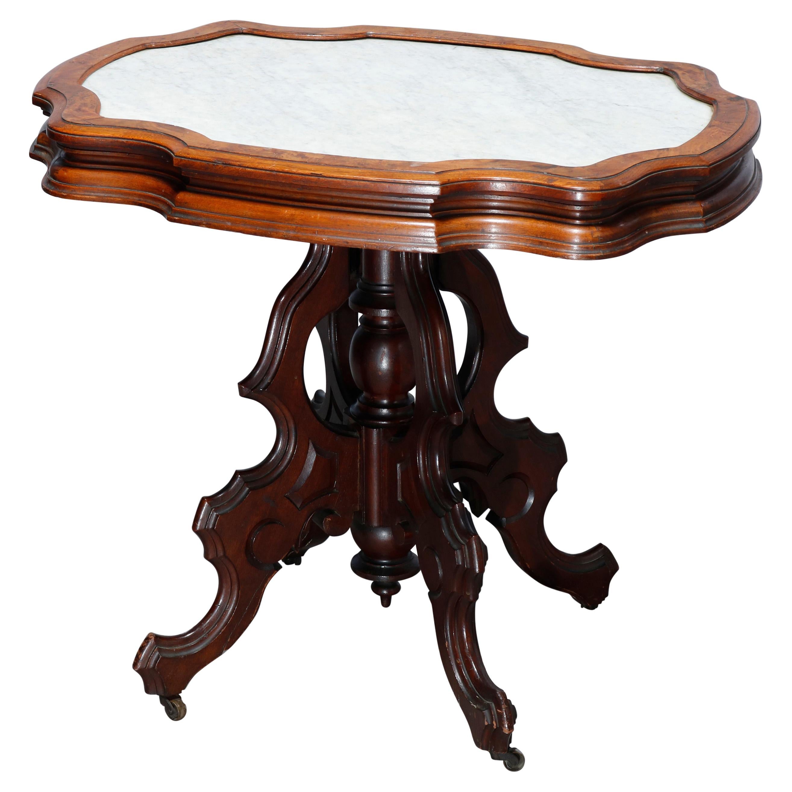 Antique Victorian Carved Walnut and Beveled Marble Side Table, circa