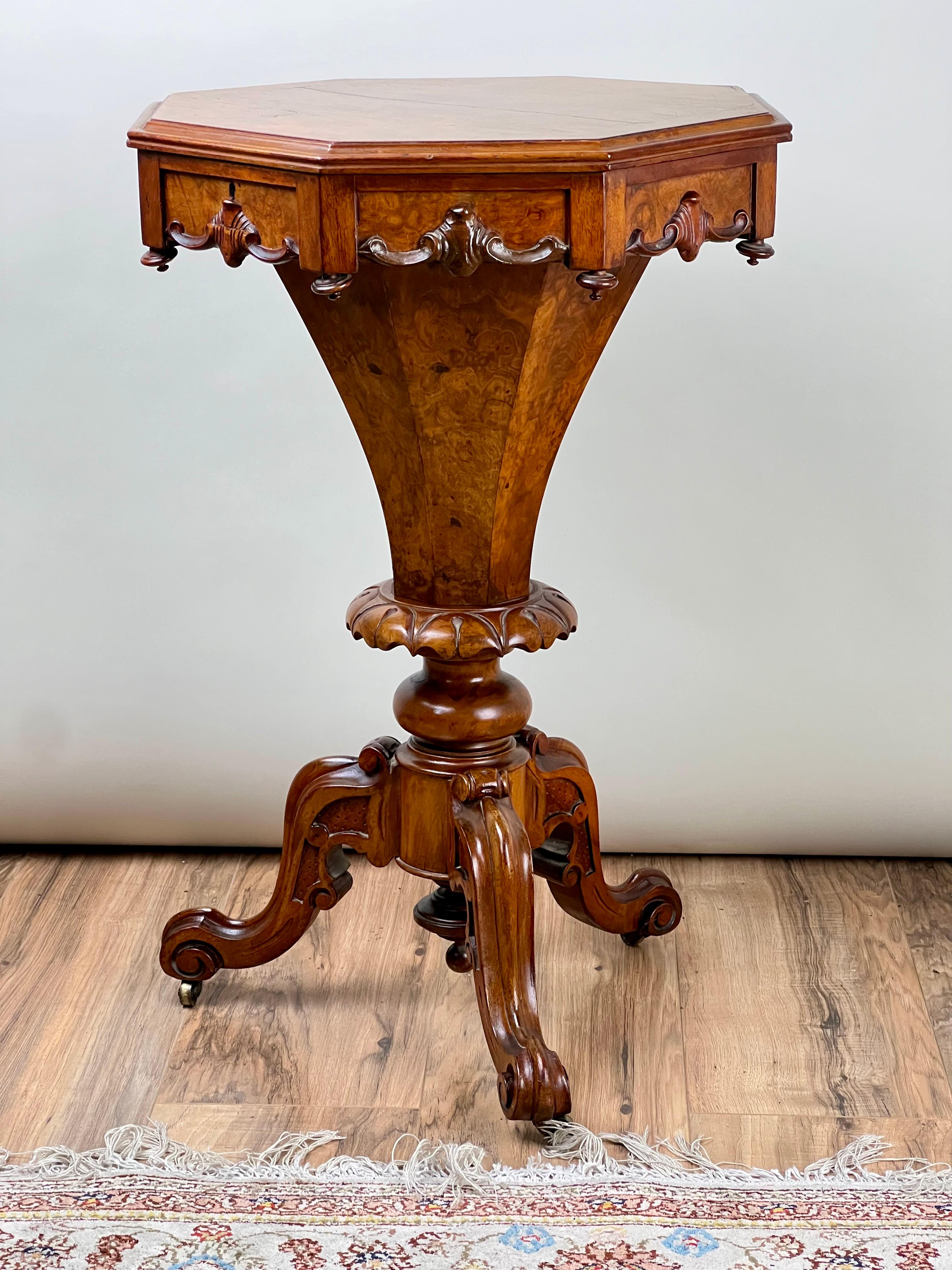 Rococo Revival Antique Victorian Walnut Burl Trumpet Sewing Stand c. Mid 19th Century