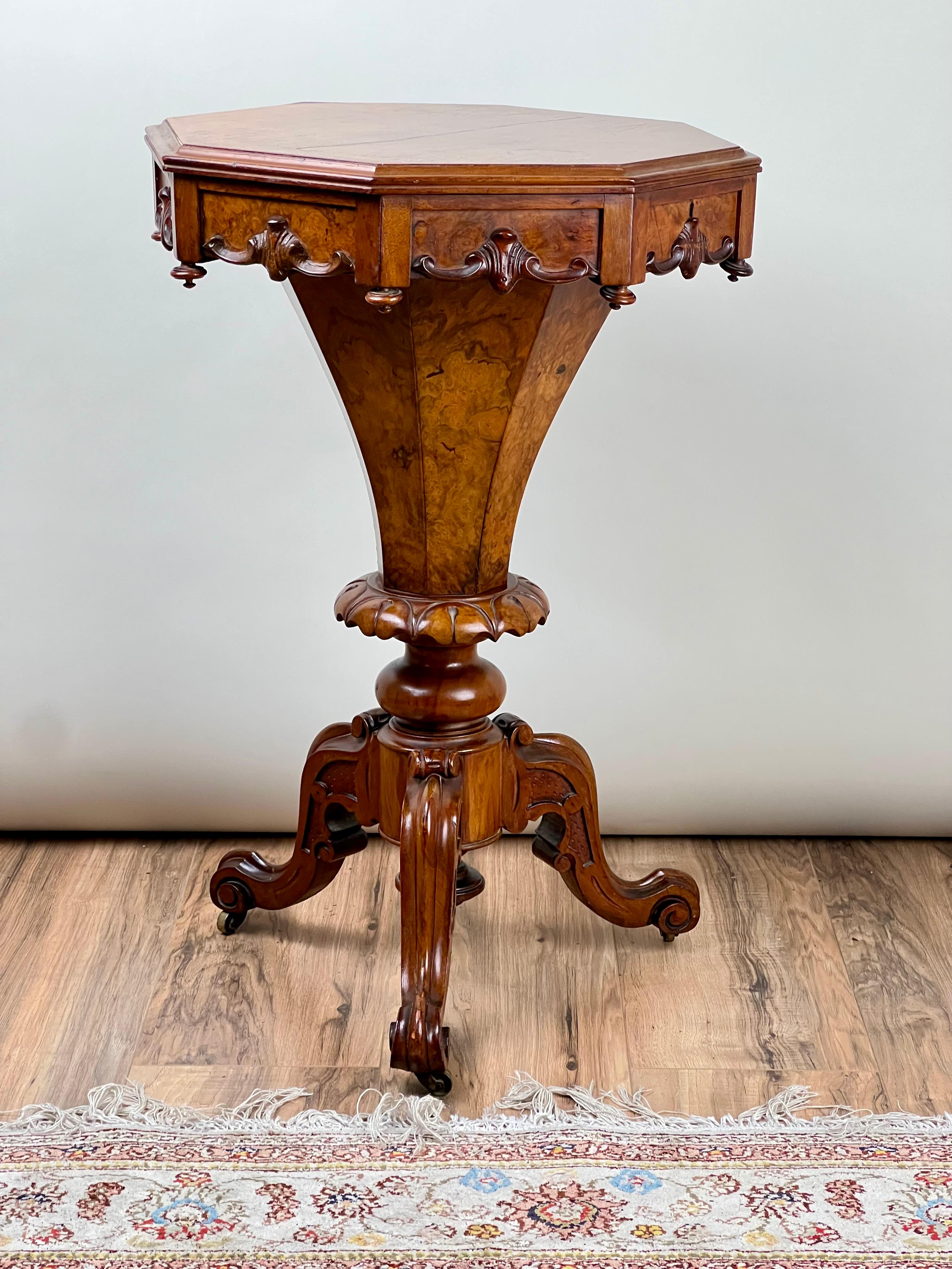 American Antique Victorian Walnut Burl Trumpet Sewing Stand c. Mid 19th Century