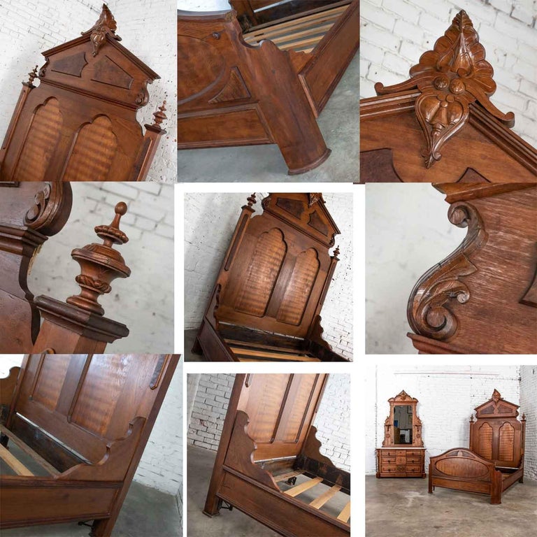 Antique Victorian Walnut and Burl Walnut Tall Lincoln Style Full Size Bed For Sale at 1stDibs