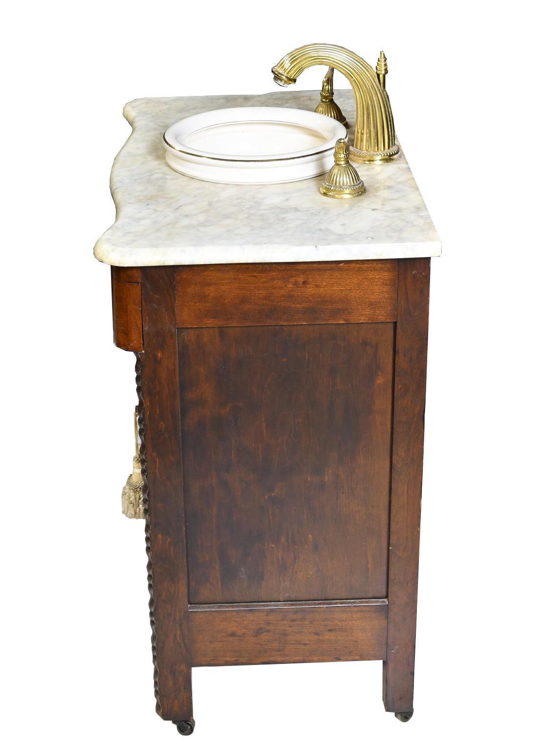 American Antique Victorian Walnut Cabinet w/ White Marble Top Adapted with Sink & Faucet