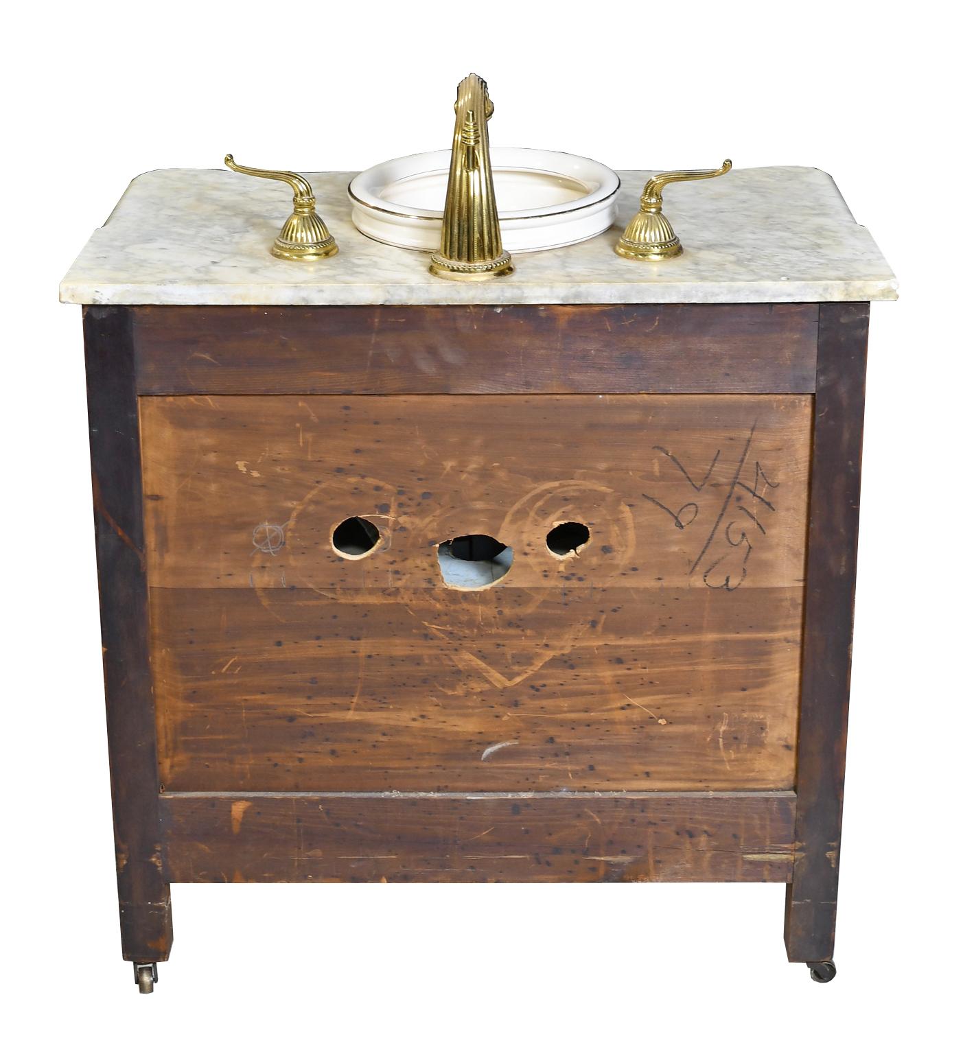 Hand-Carved Antique Victorian Walnut Cabinet w/ White Marble Top Adapted with Sink & Faucet