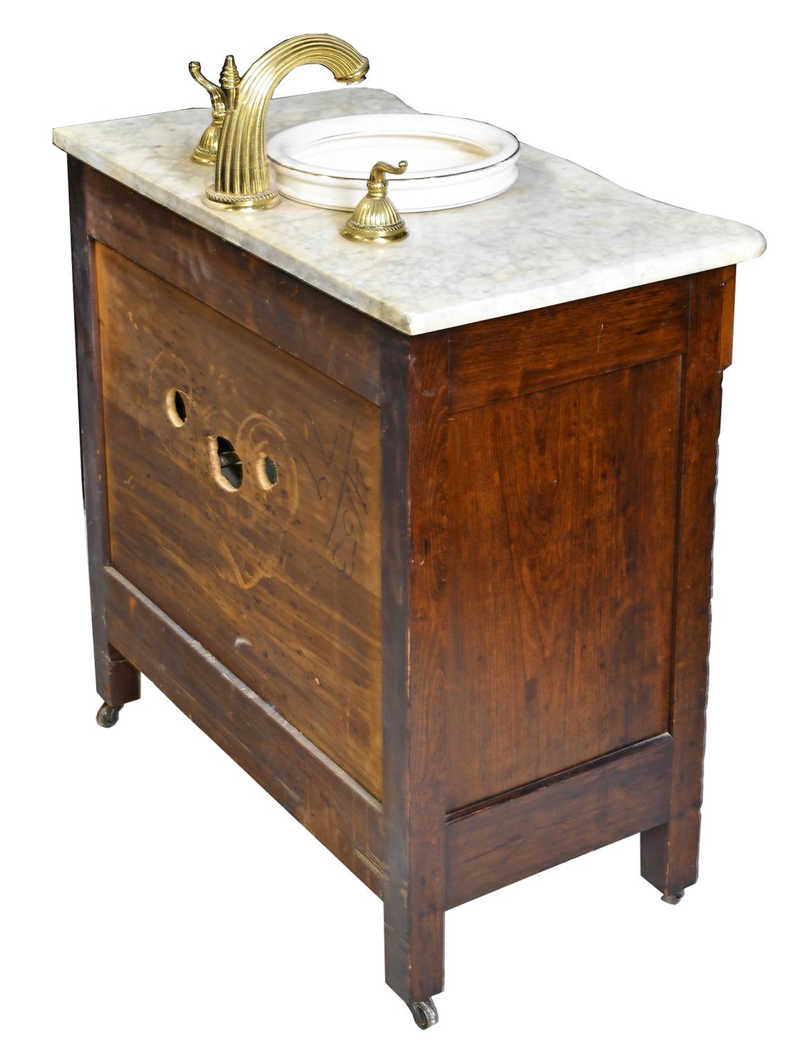 Antique Victorian Walnut Cabinet w/ White Marble Top Adapted with Sink & Faucet In Good Condition In Miami, FL