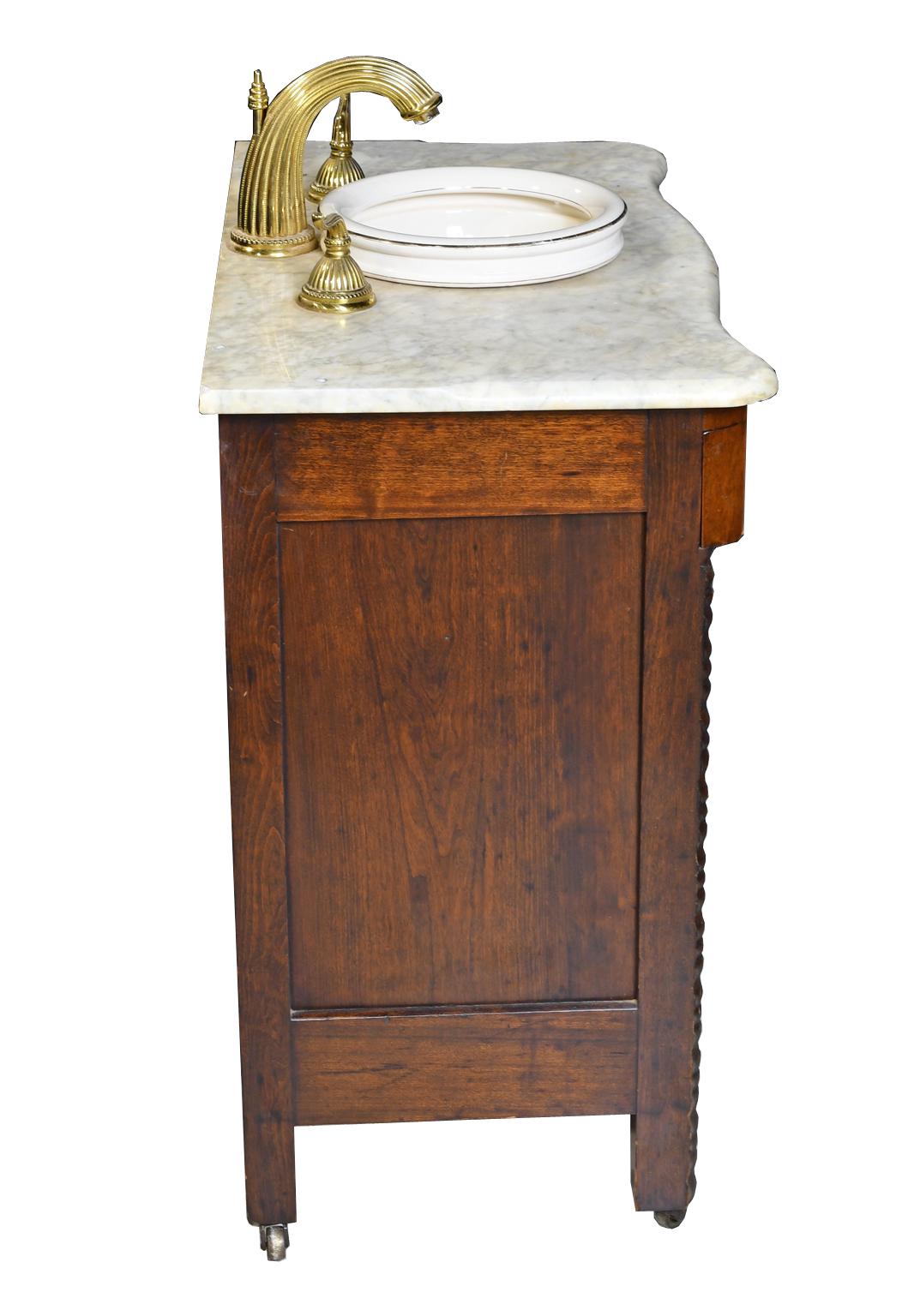 19th Century Antique Victorian Walnut Cabinet w/ White Marble Top Adapted with Sink & Faucet