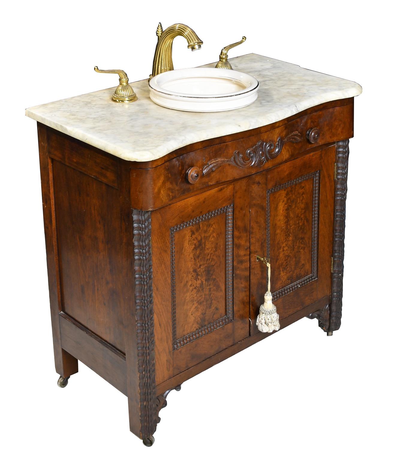 Brass Antique Victorian Walnut Cabinet w/ White Marble Top Adapted with Sink & Faucet